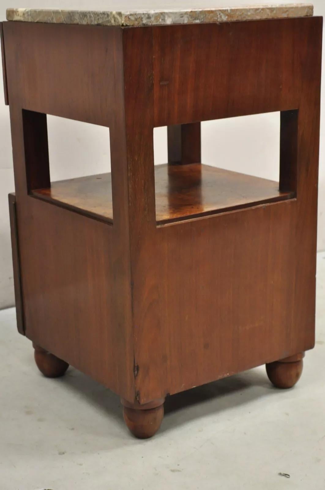 Antique Art Deco Burl Wood Marble Top Nightstand Washstand Bedside Table 5