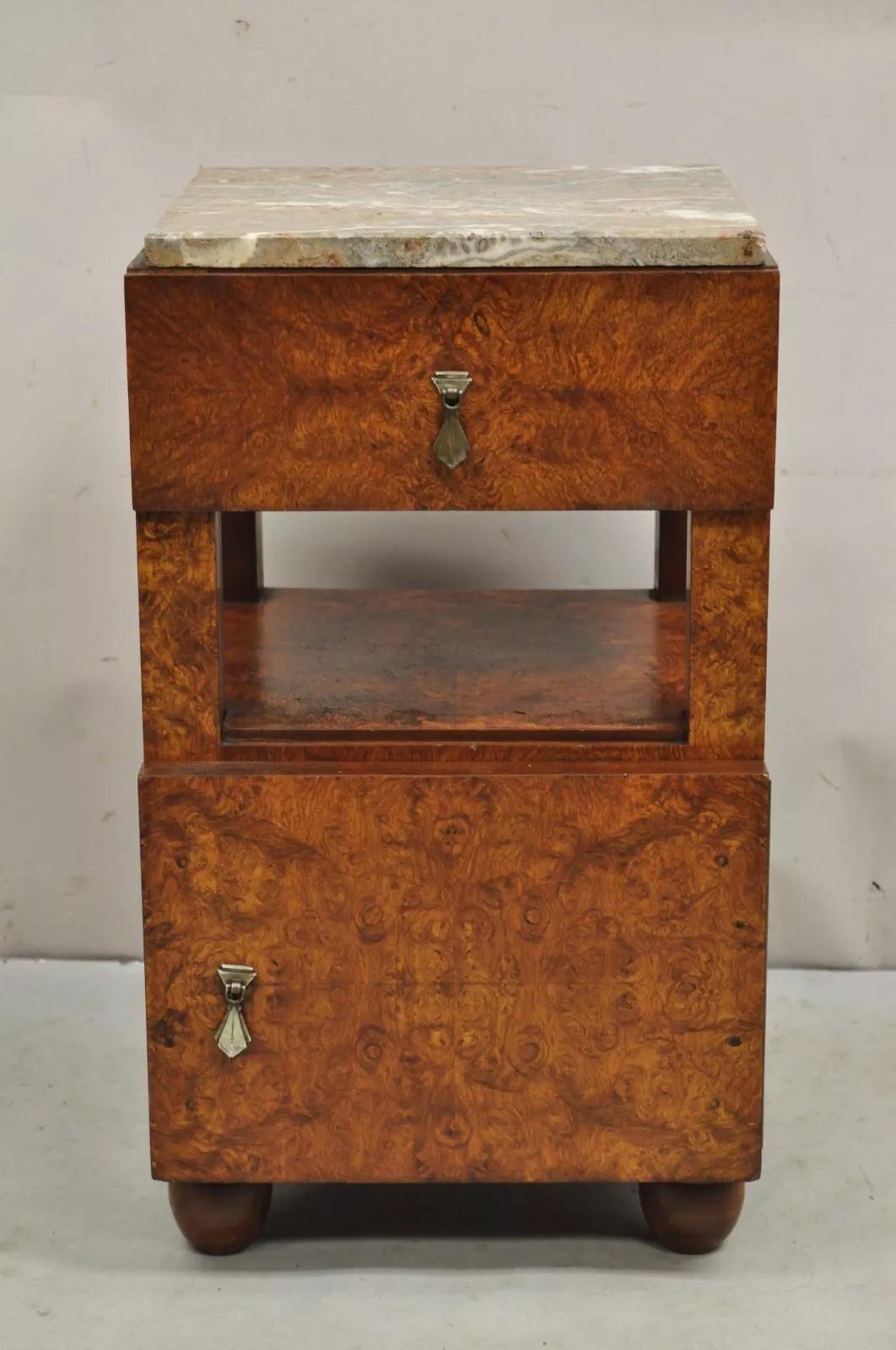 Antique Art Deco Burl Wood Marble Top Nightstand Washstand Bedside Table 7