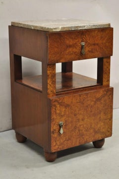 Antique Art Deco Burl Wood Marble Top Nightstand Washstand Bedside Table