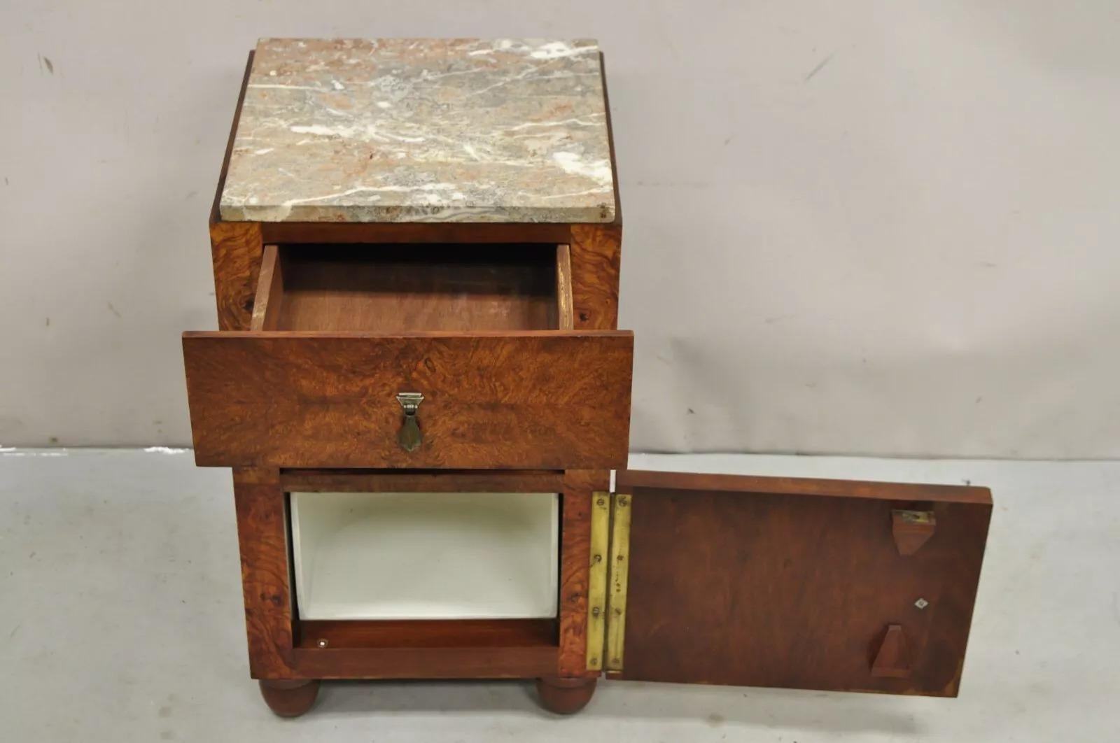 Unknown Antique Art Deco Burl Wood Marble Top Nightstand Washstand Bedside Table