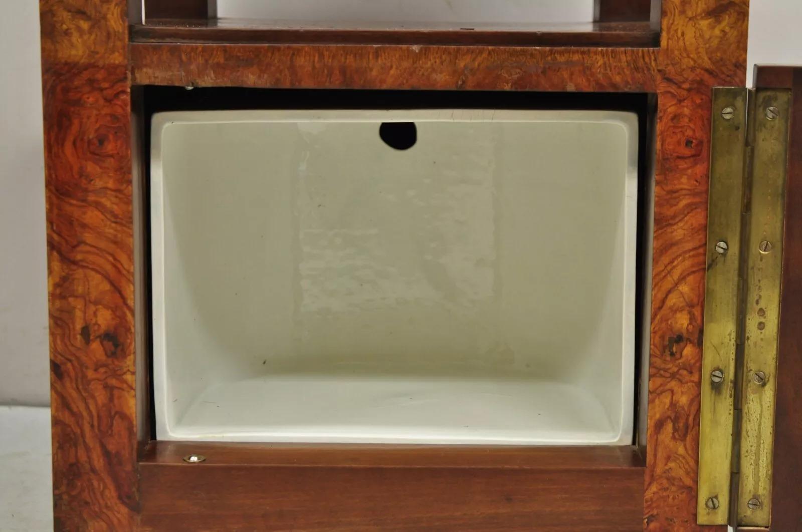 Antique Art Deco Burl Wood Marble Top Nightstand Washstand Bedside Table In Good Condition In Philadelphia, PA