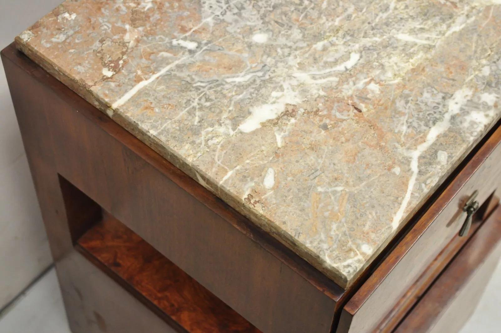 Antique Art Deco Burl Wood Marble Top Nightstand Washstand Bedside Table 3