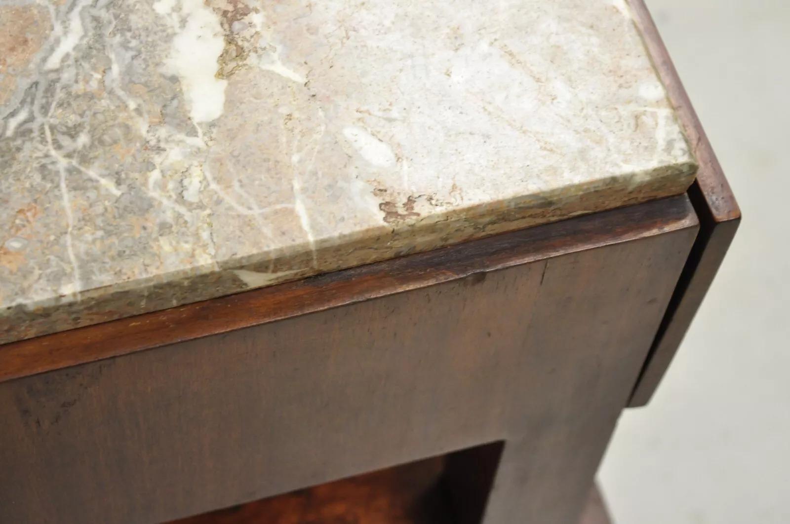 Antique Art Deco Burl Wood Marble Top Nightstand Washstand Bedside Table 4