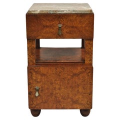 Antique Art Deco Burl Wood Marble Top Nightstand Washstand Bedside Table