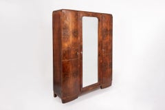 Antique Art Deco Burl Wood Mirrored Armoire Cabinet, 1930s