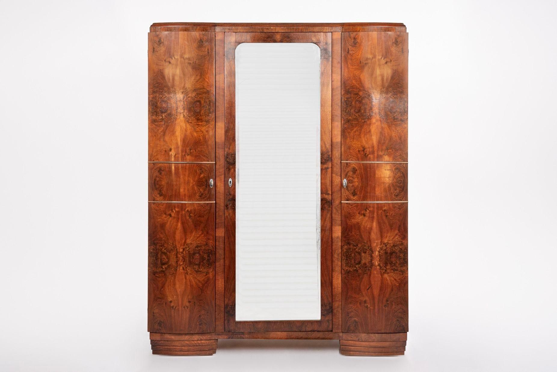 Hand-Crafted Antique Art Deco Burl Wood Mirrored Armoire Cabinet, 1930s