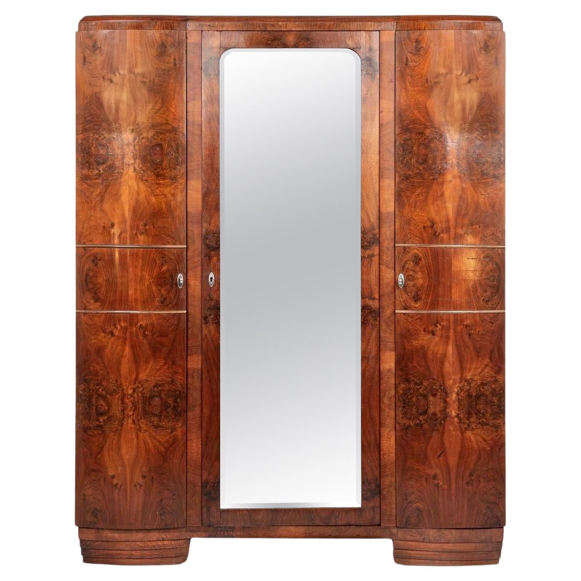 Antique Art Deco Burl Wood Mirrored Armoire Cabinet, 1930s
