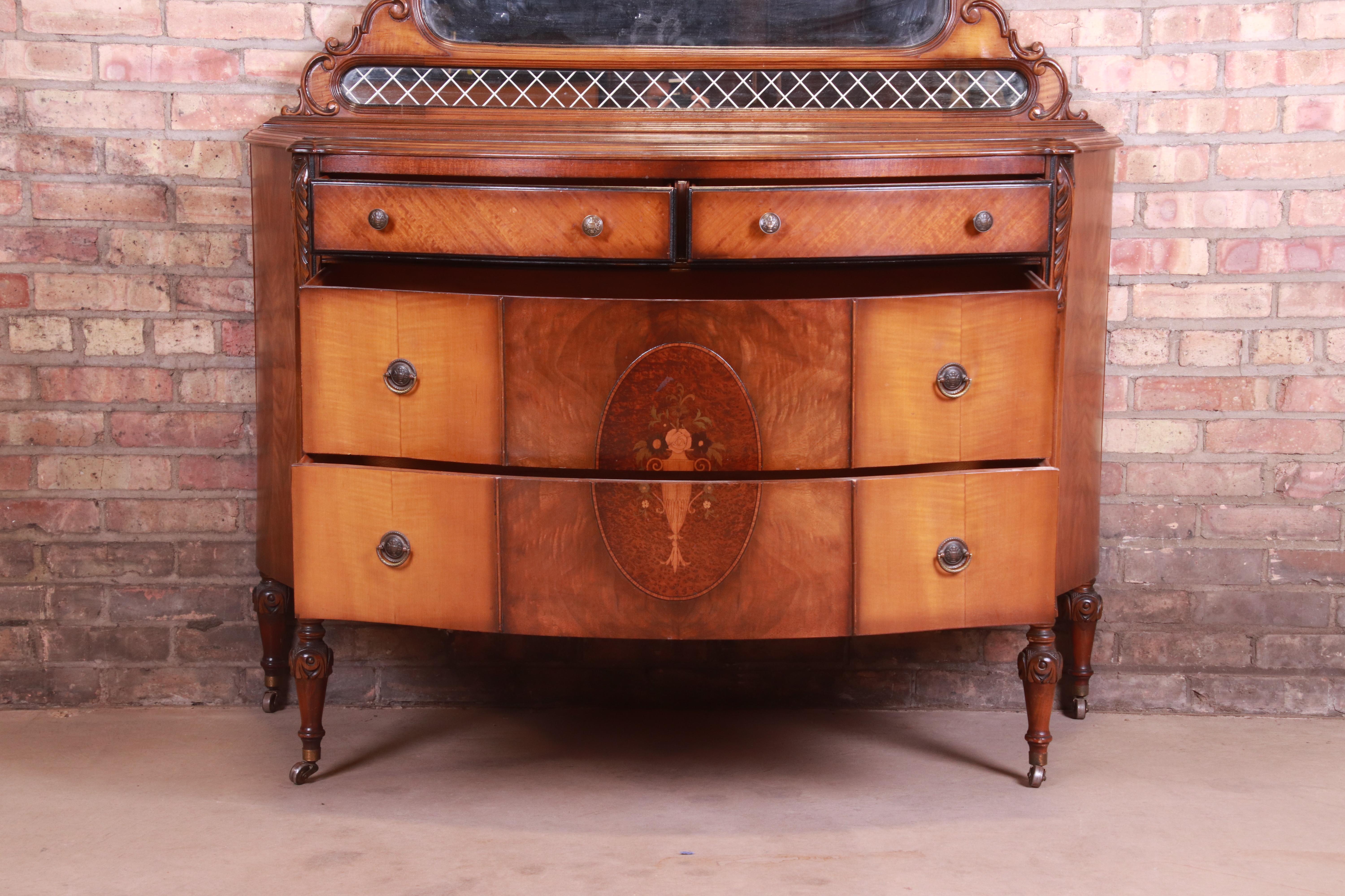 Antique Art Deco Burled Walnut and Inlaid Marquetry Dresser with Mirror, 1920s 2