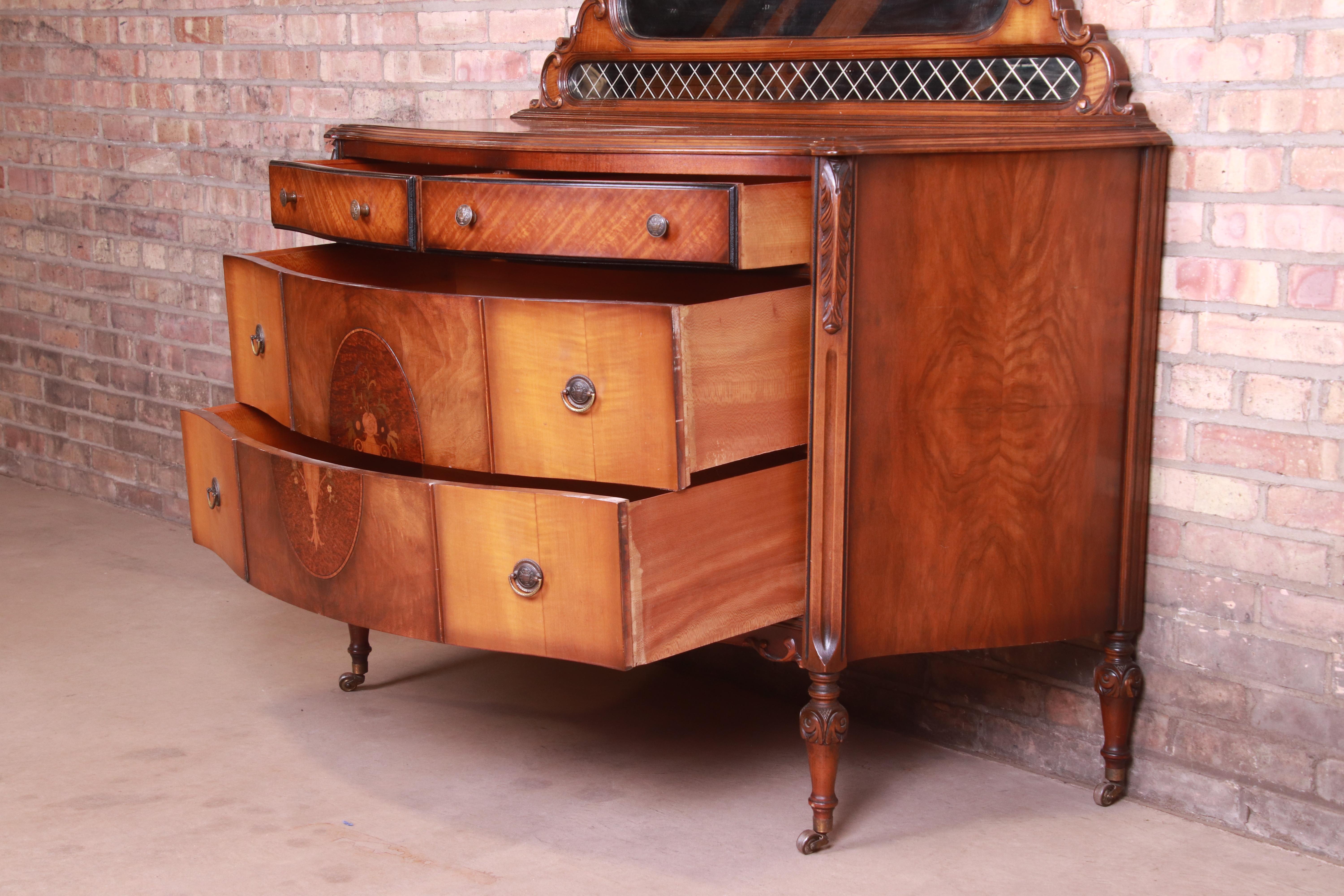 Antique Art Deco Burled Walnut and Inlaid Marquetry Dresser with Mirror, 1920s 3