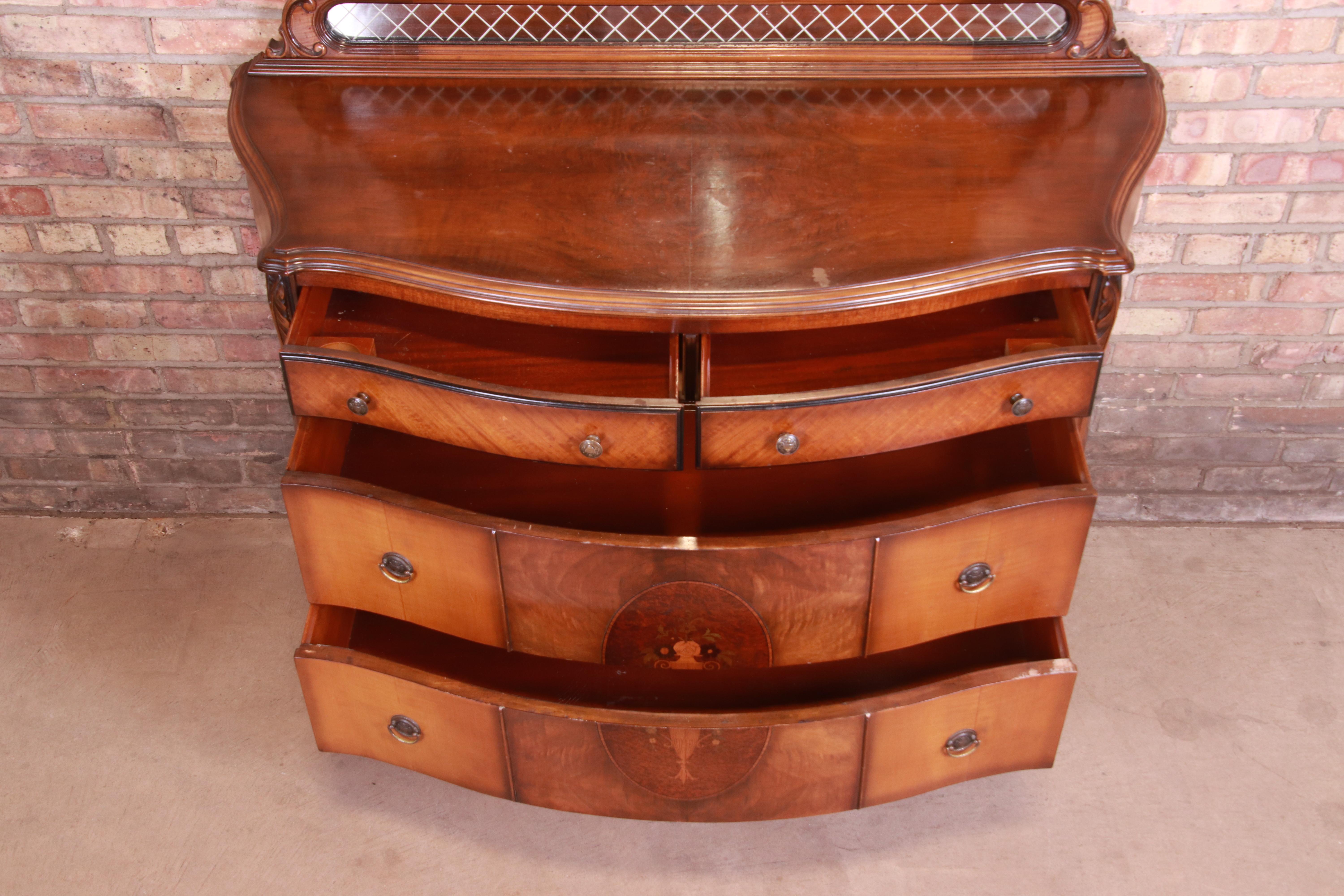 Antique Art Deco Burled Walnut and Inlaid Marquetry Dresser with Mirror, 1920s 4