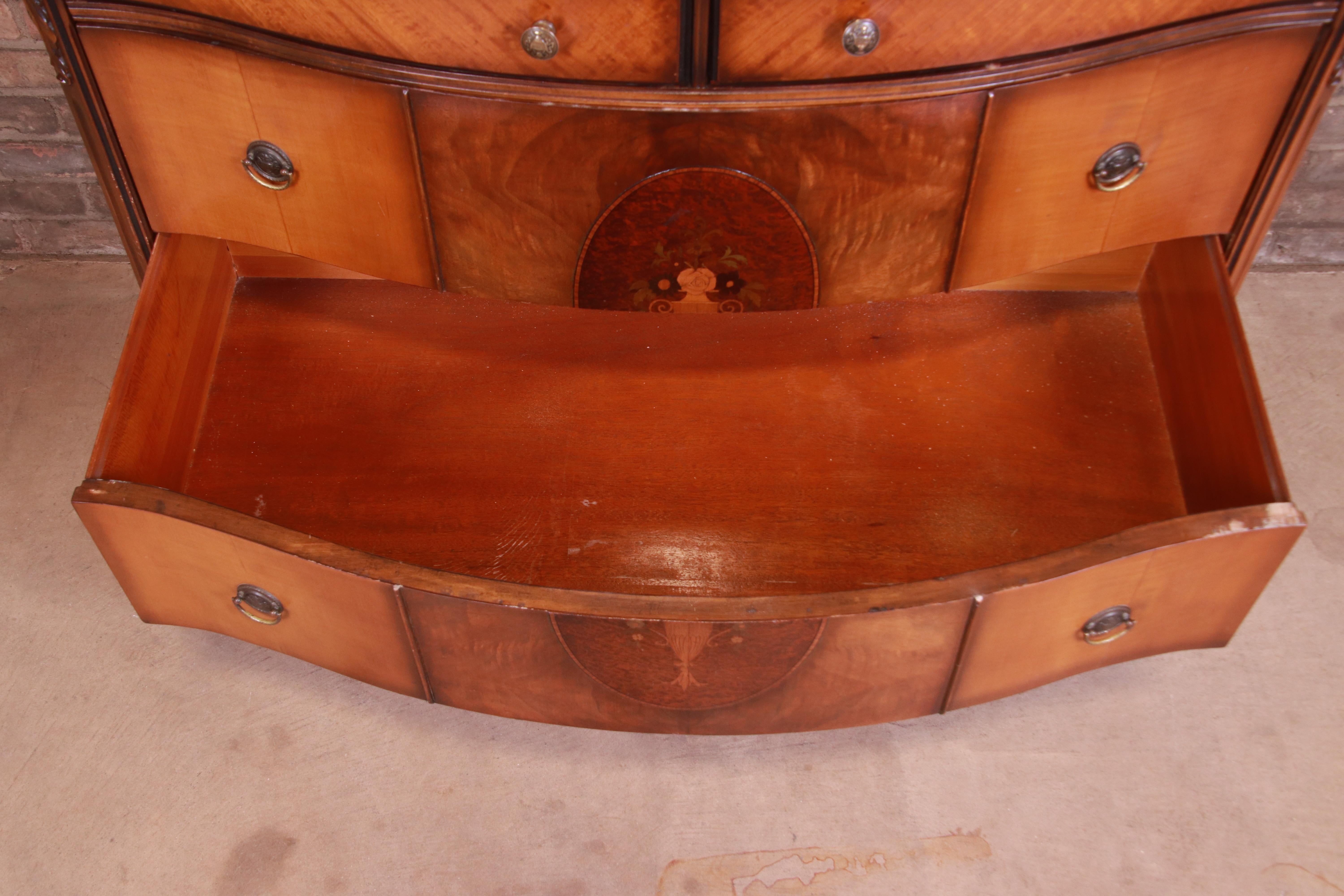 Antique Art Deco Burled Walnut and Inlaid Marquetry Dresser with Mirror, 1920s 5