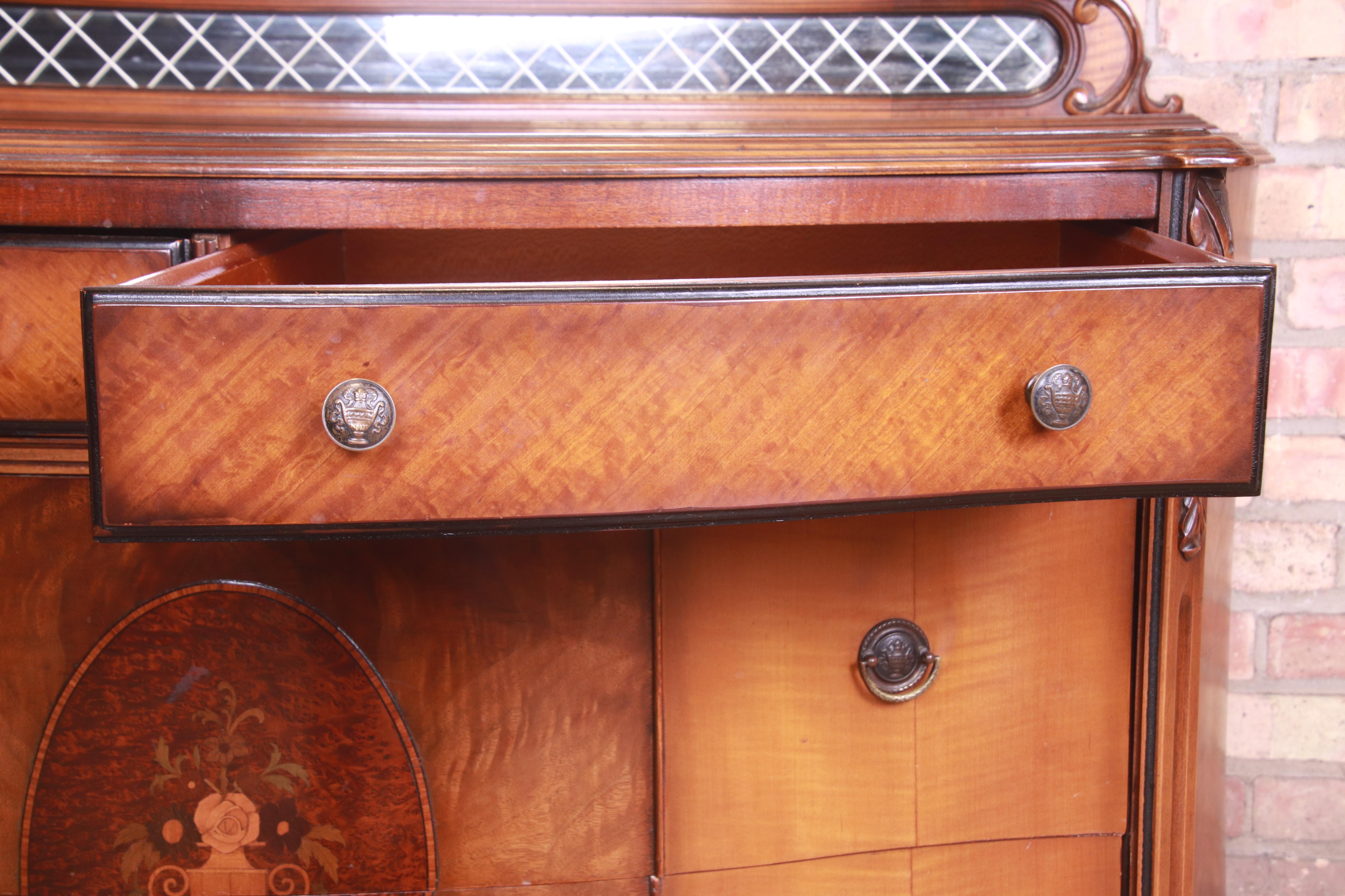 Antique Art Deco Burled Walnut and Inlaid Marquetry Dresser with Mirror, 1920s 11