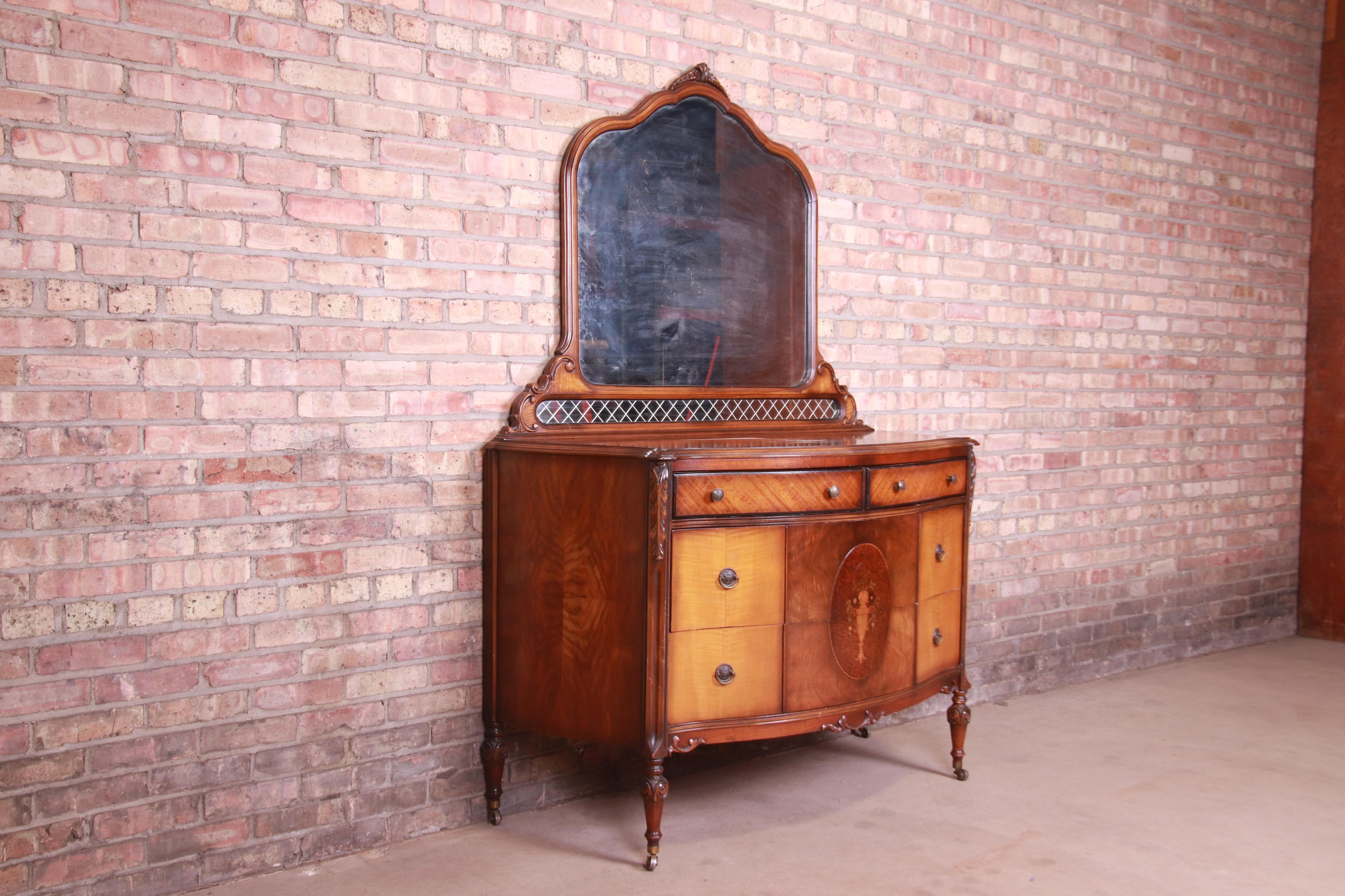 Antique Art Deco Burled Walnut and Inlaid Marquetry Dresser with Mirror, 1920s In Good Condition In South Bend, IN