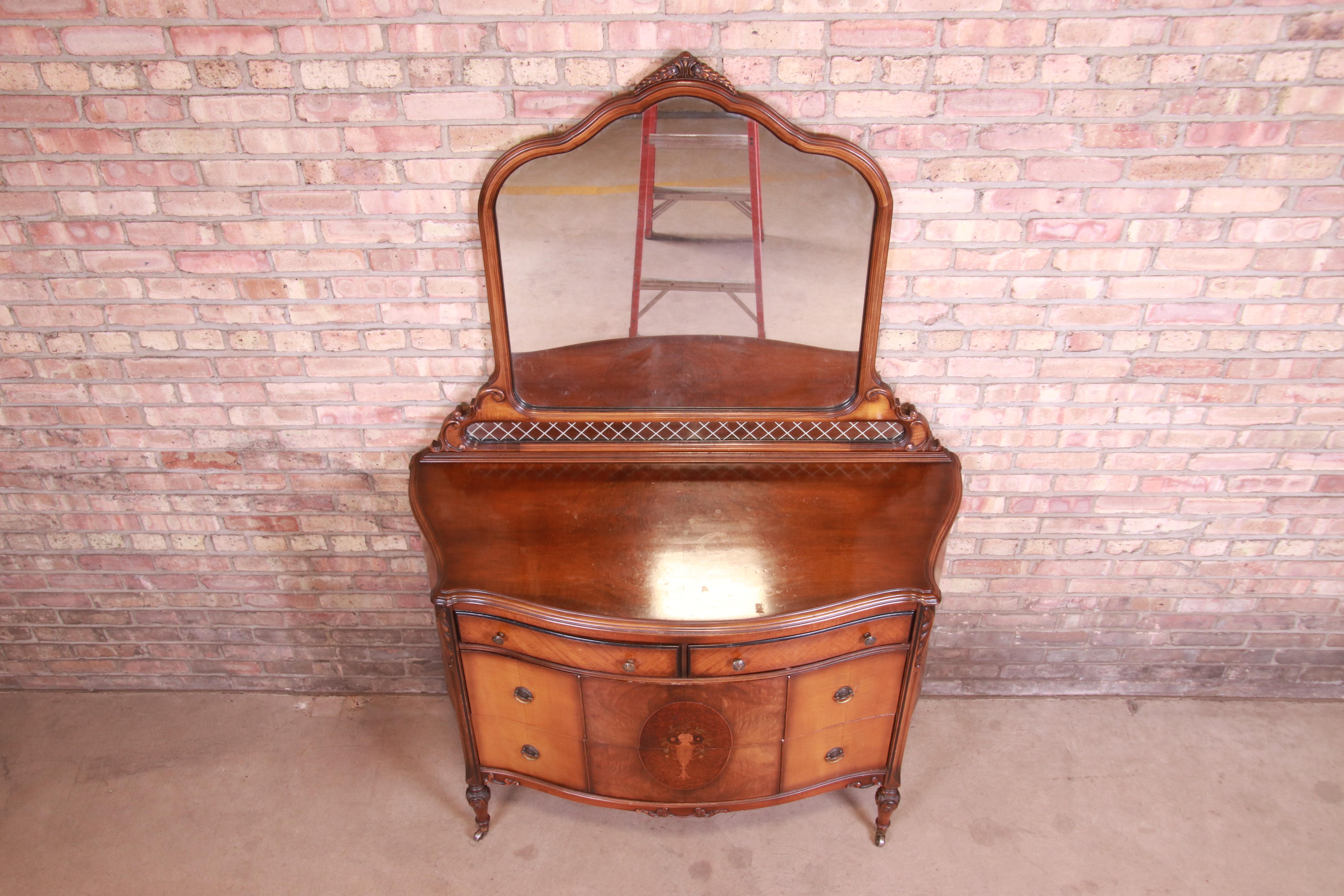 Early 20th Century Antique Art Deco Burled Walnut and Inlaid Marquetry Dresser with Mirror, 1920s