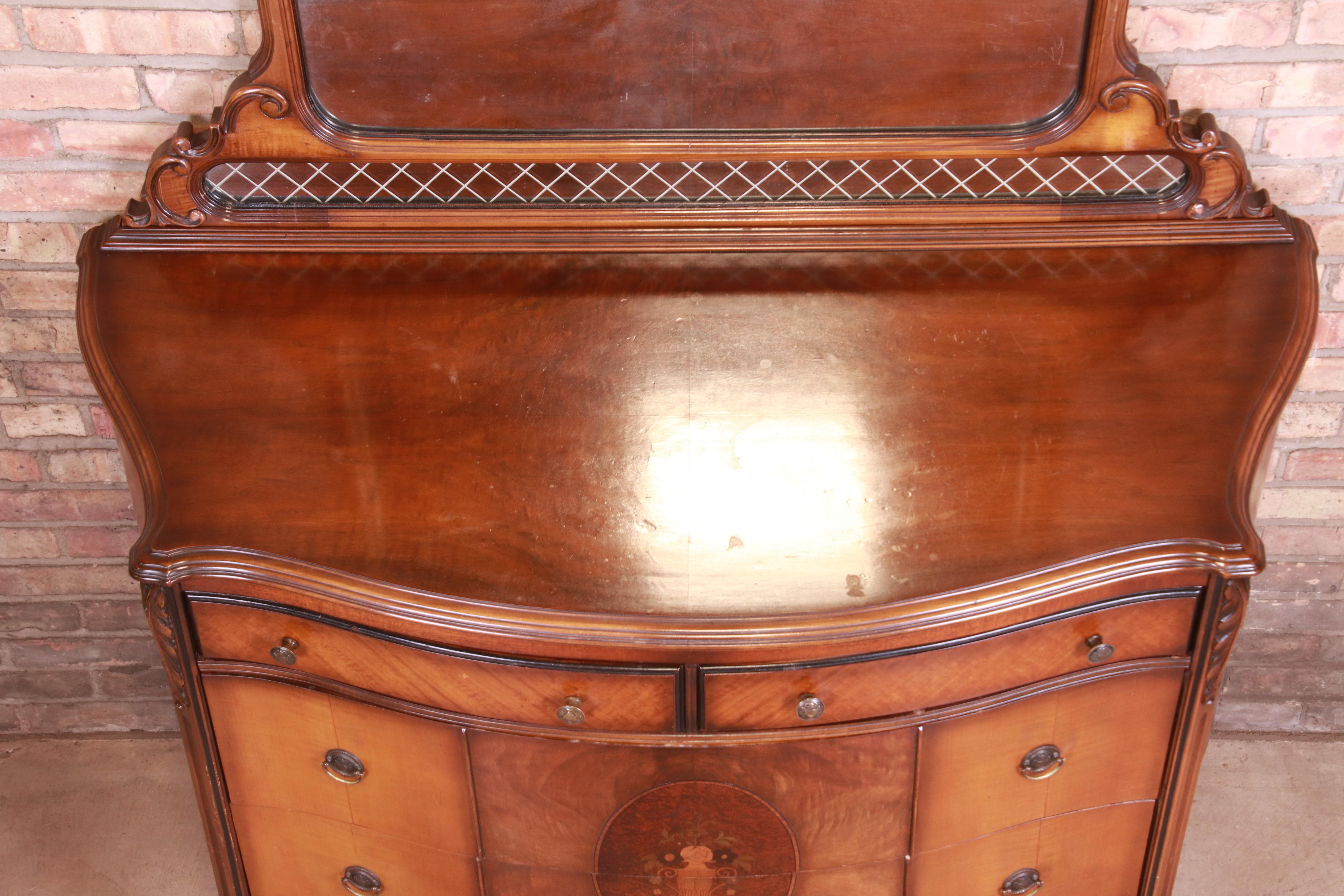 Brass Antique Art Deco Burled Walnut and Inlaid Marquetry Dresser with Mirror, 1920s