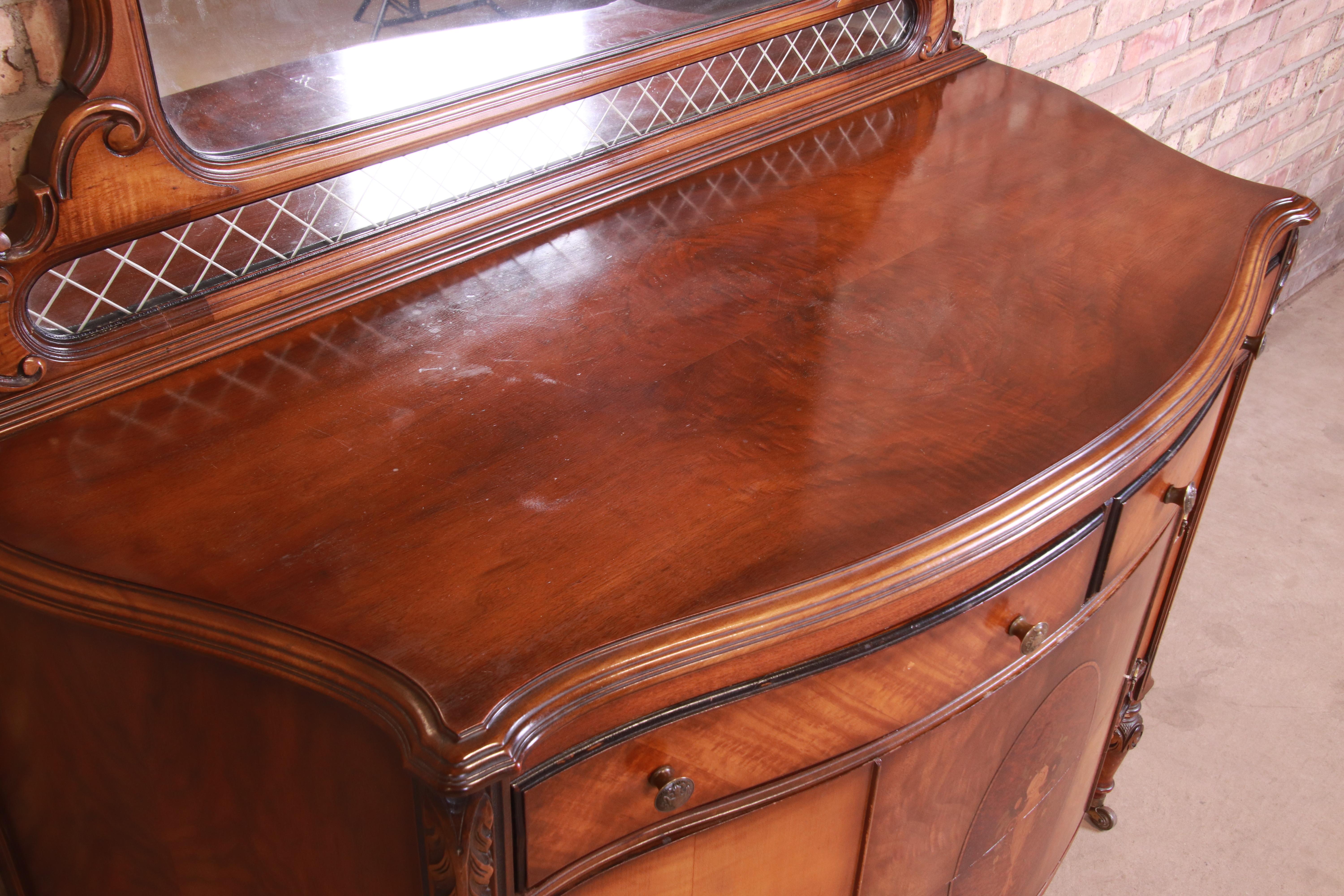 Antique Art Deco Burled Walnut and Inlaid Marquetry Dresser with Mirror, 1920s 1