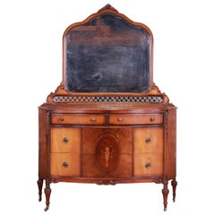 Antique Art Deco Burled Walnut and Inlaid Marquetry Dresser with Mirror, 1920s