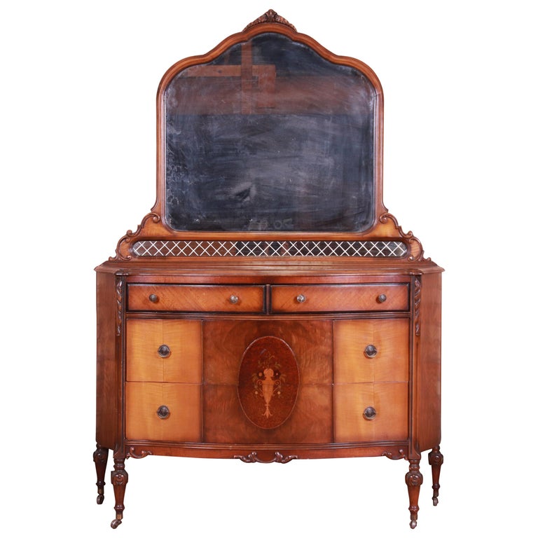 Antique Art Deco Burled Walnut and Inlaid Marquetry Dresser with Mirror ...