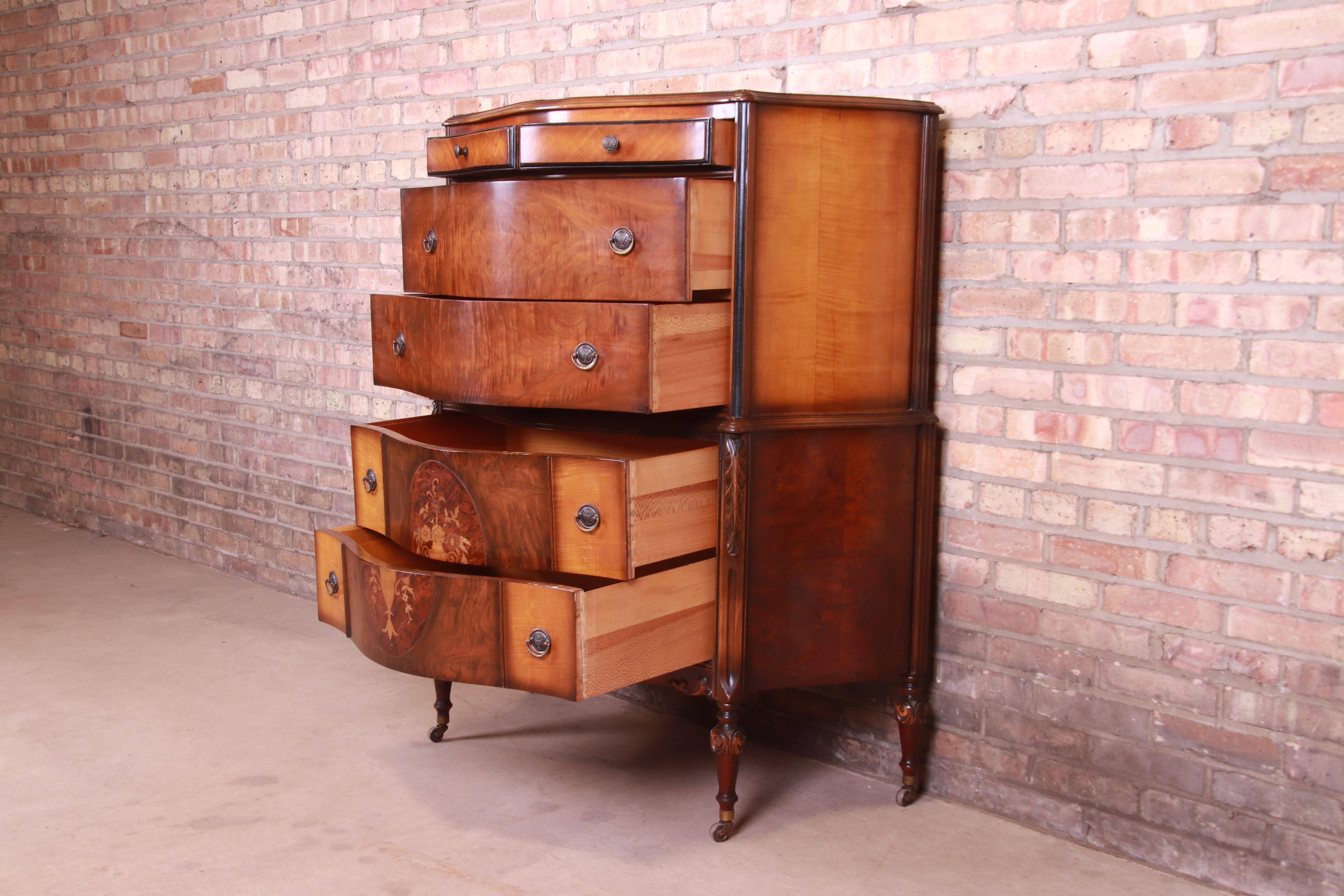 Antique Art Deco Burled Walnut and Inlaid Marquetry Highboy Dresser, Circa 1920s In Good Condition In South Bend, IN