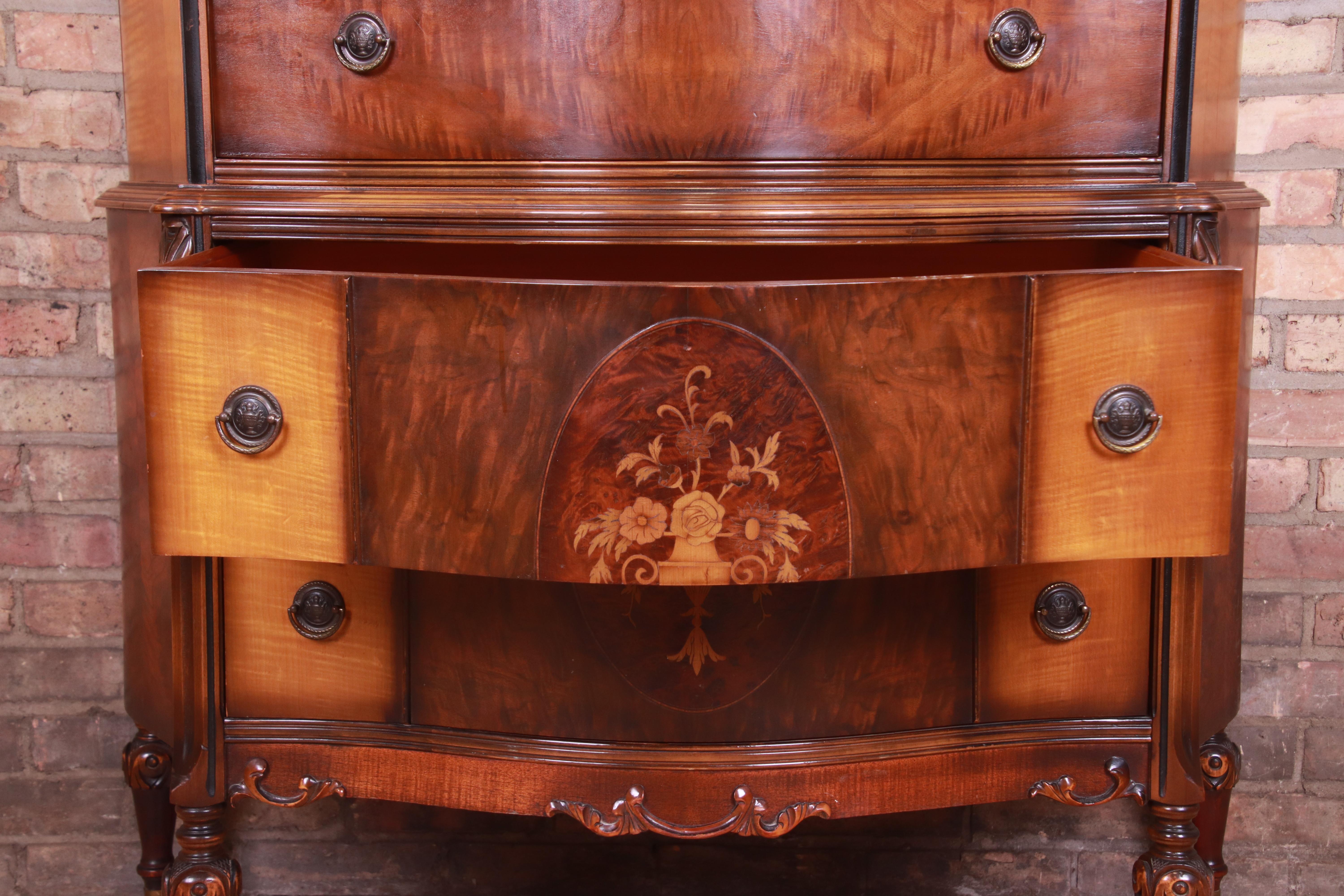 Early 20th Century Antique Art Deco Burled Walnut and Inlaid Marquetry Highboy Dresser, Circa 1920s