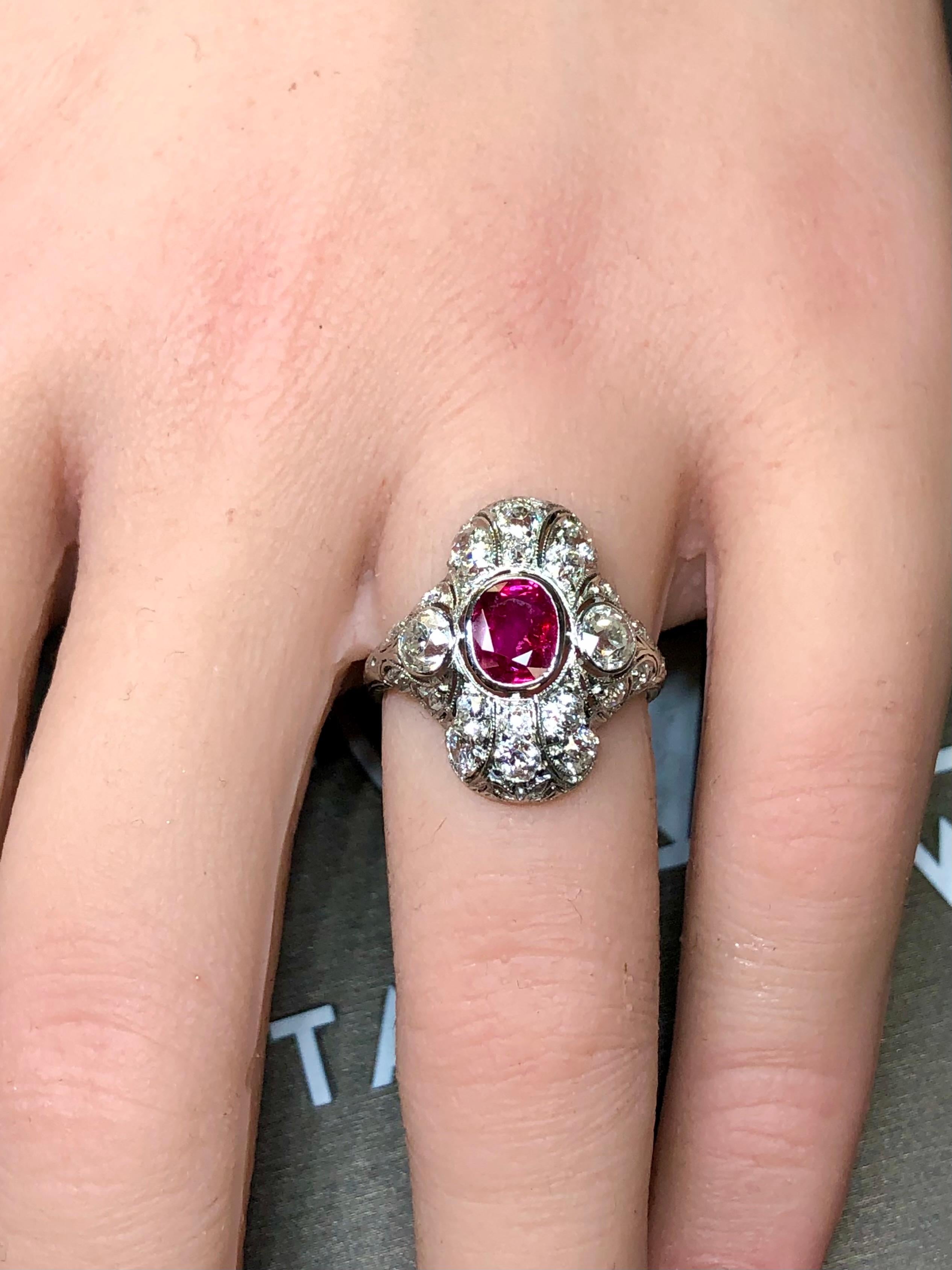Antique Art Deco BURMA NO HEAT Ruby Old Mine Cut Diamond Ring GIA Sz 5.25 6