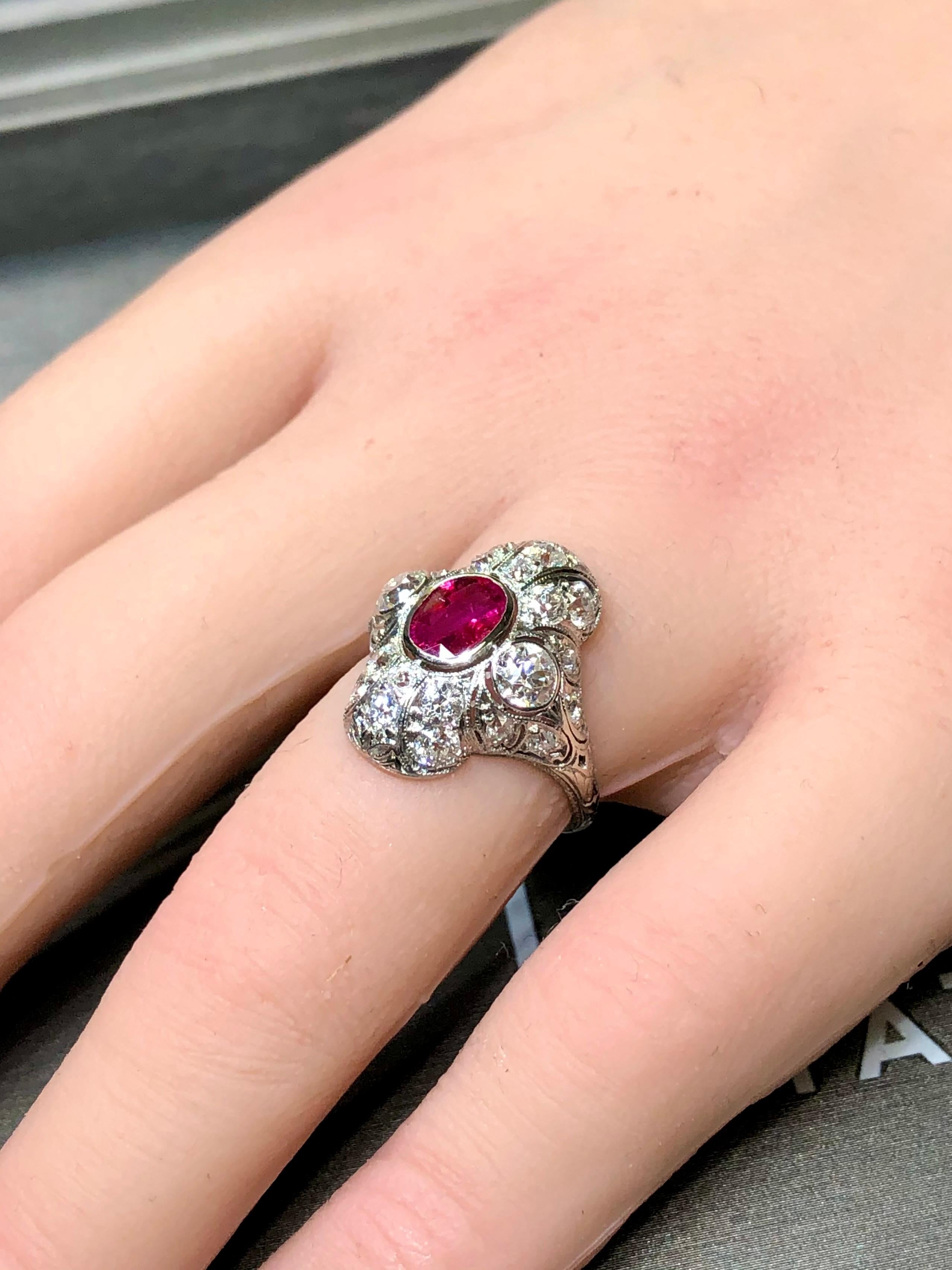 Antique Art Deco BURMA NO HEAT Ruby Old Mine Cut Diamond Ring GIA Sz 5.25 7