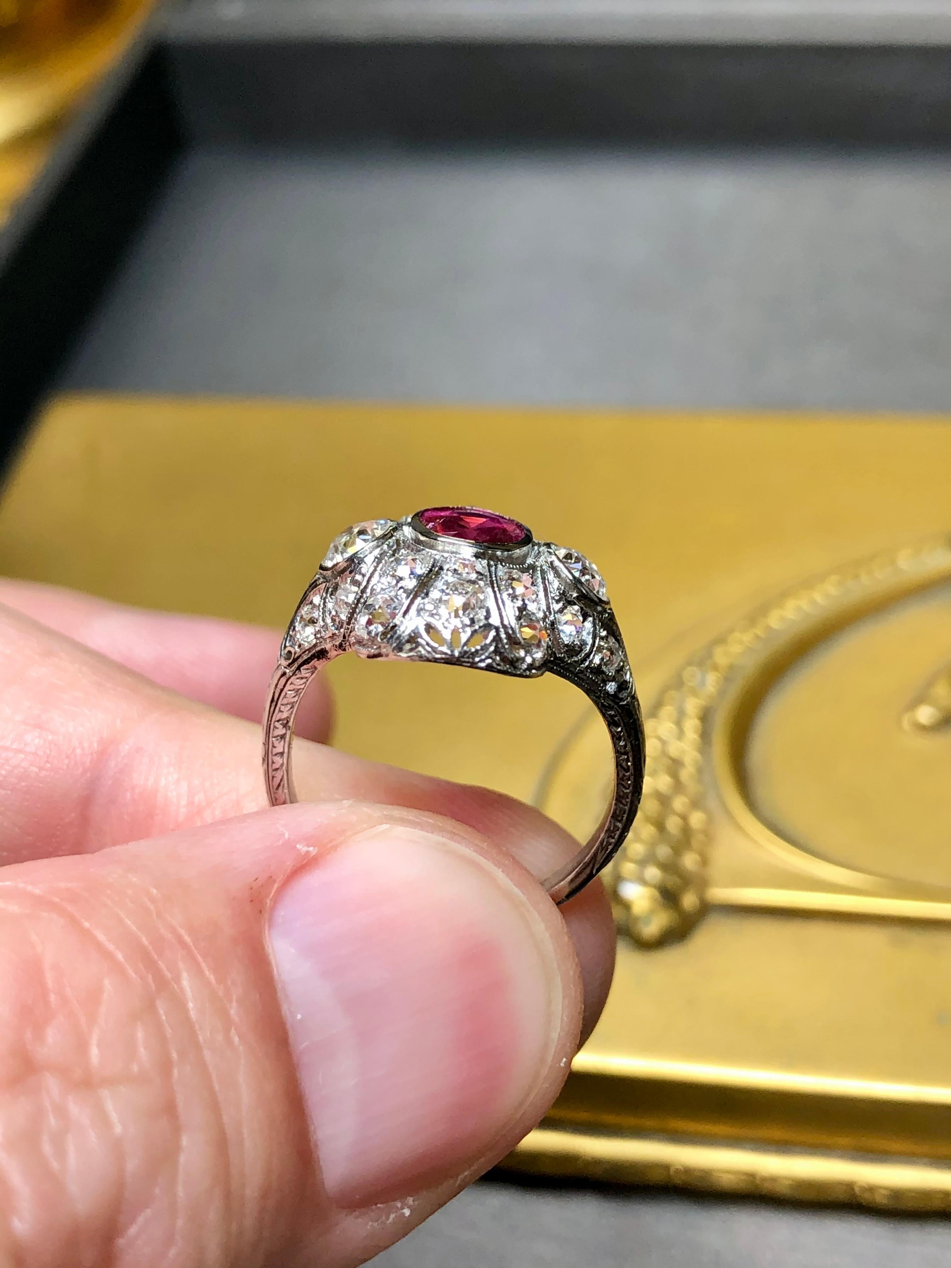 Antique Art Deco BURMA NO HEAT Ruby Old Mine Cut Diamond Ring GIA Sz 5.25 8