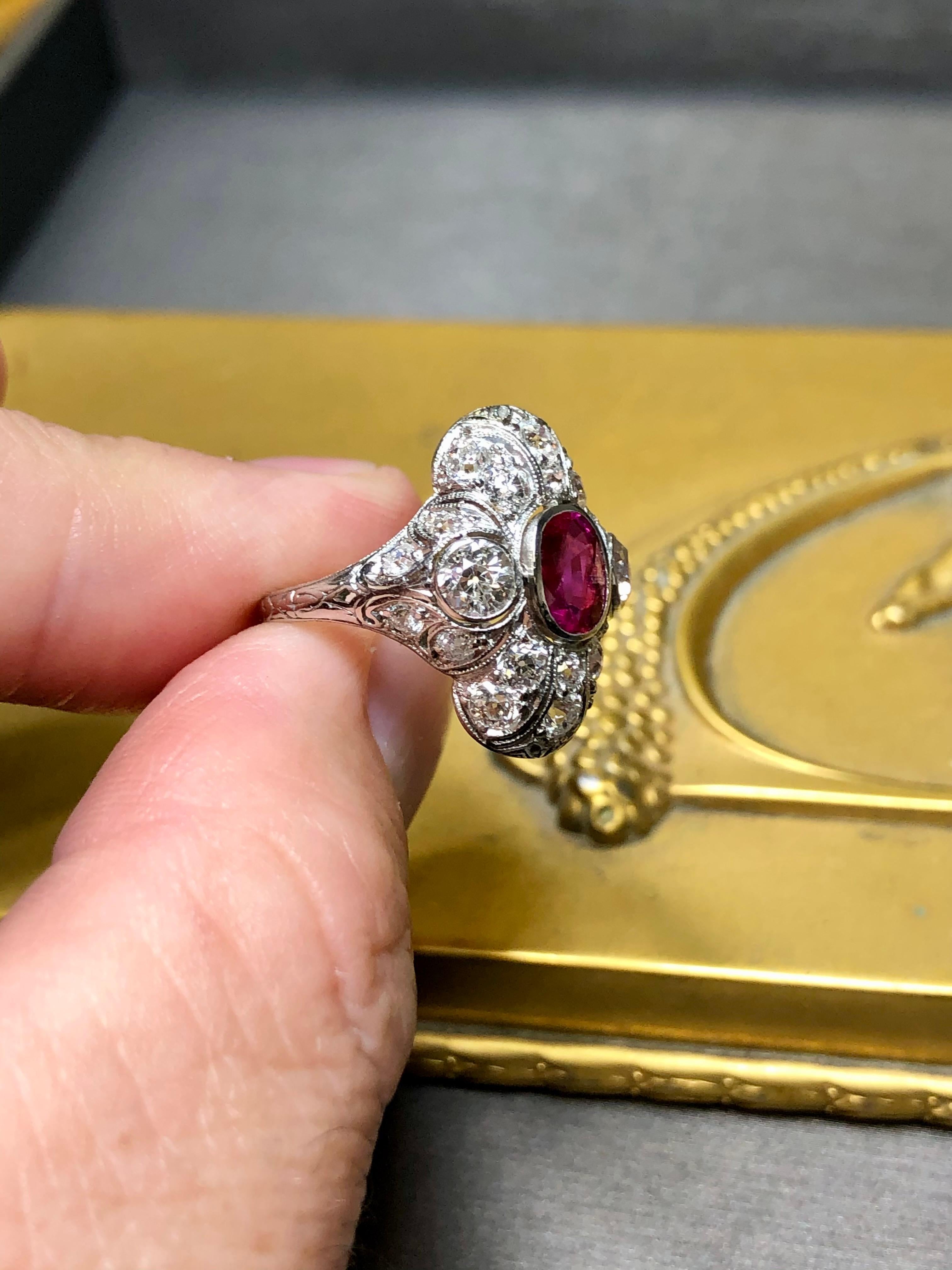 Antique Art Deco BURMA NO HEAT Ruby Old Mine Cut Diamond Ring GIA Sz 5.25 9