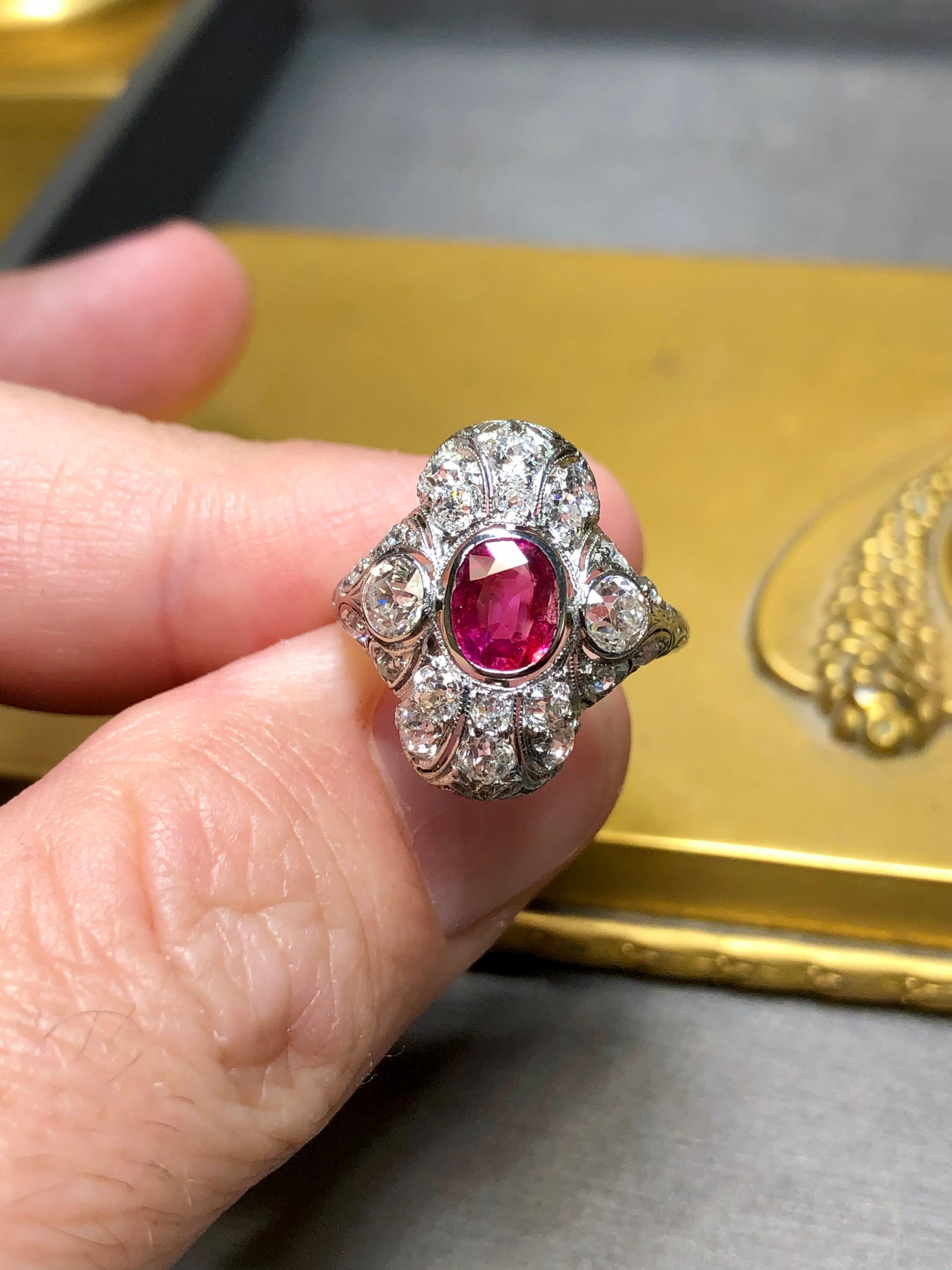 Antique Art Deco BURMA NO HEAT Ruby Old Mine Cut Diamond Ring GIA Sz 5.25 10
