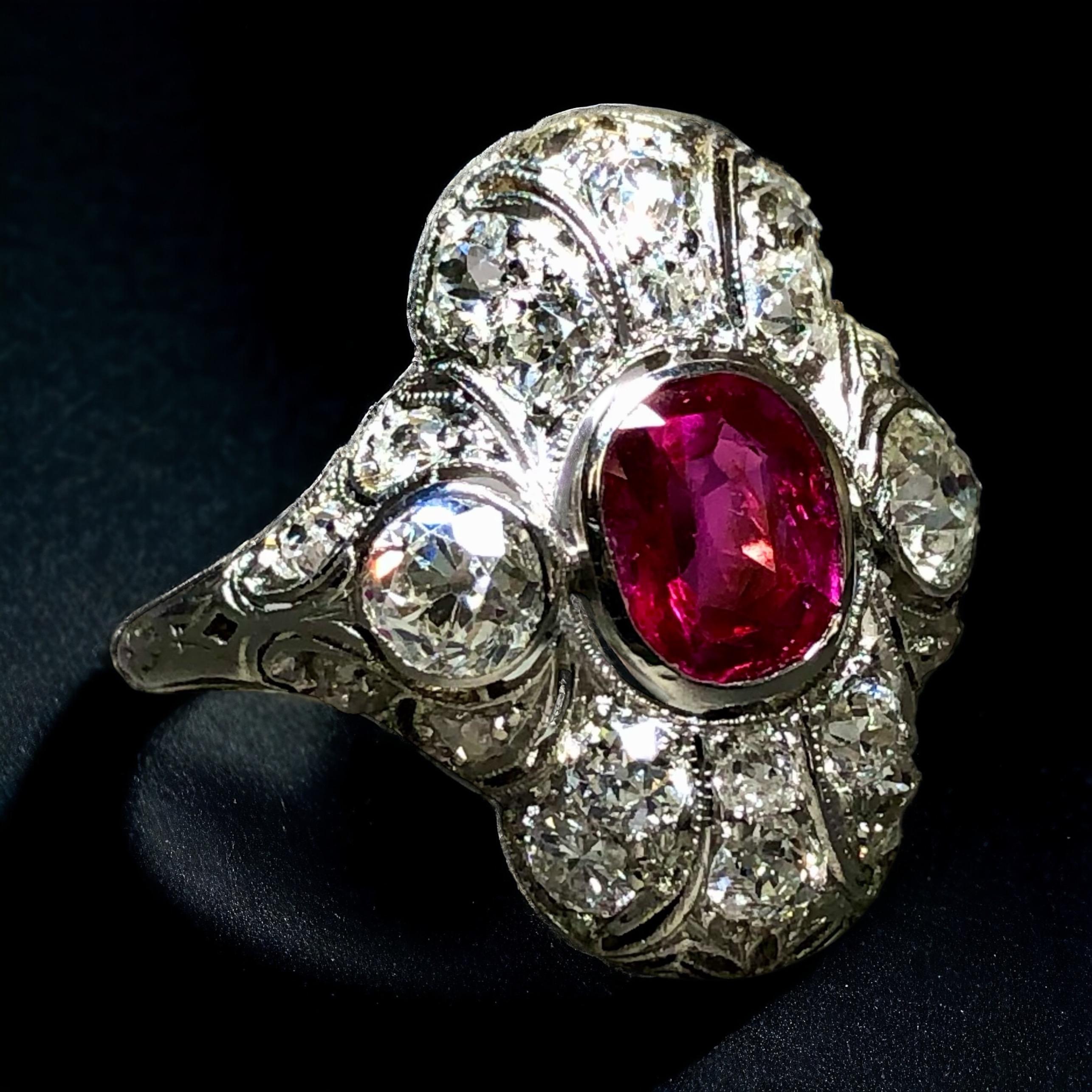 Antique Art Deco BURMA NO HEAT Ruby Old Mine Cut Diamond Ring GIA Sz 5.25 11