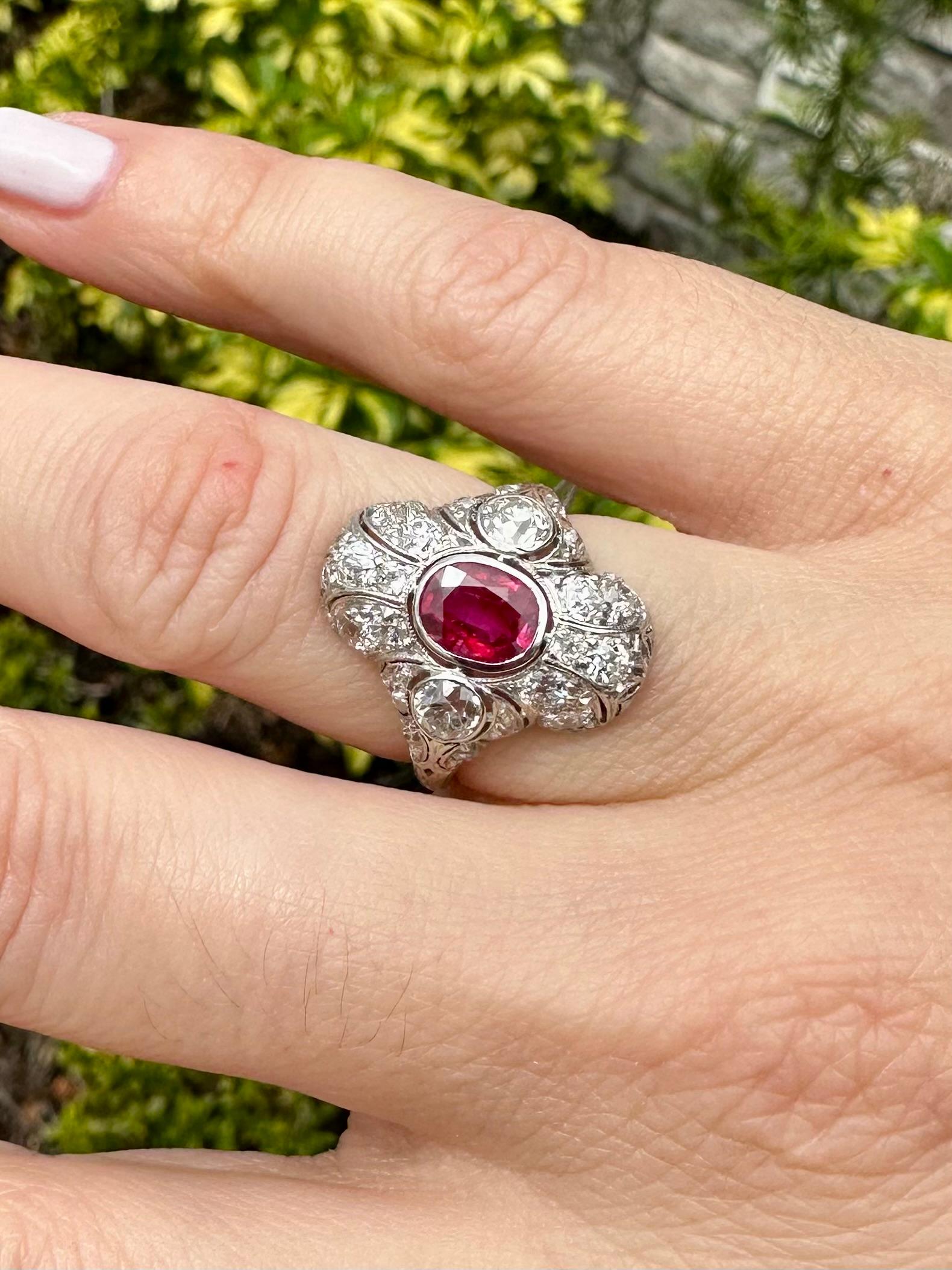 Antique Art Deco BURMA NO HEAT Ruby Old Mine Cut Diamond Ring GIA Sz 5.25 12