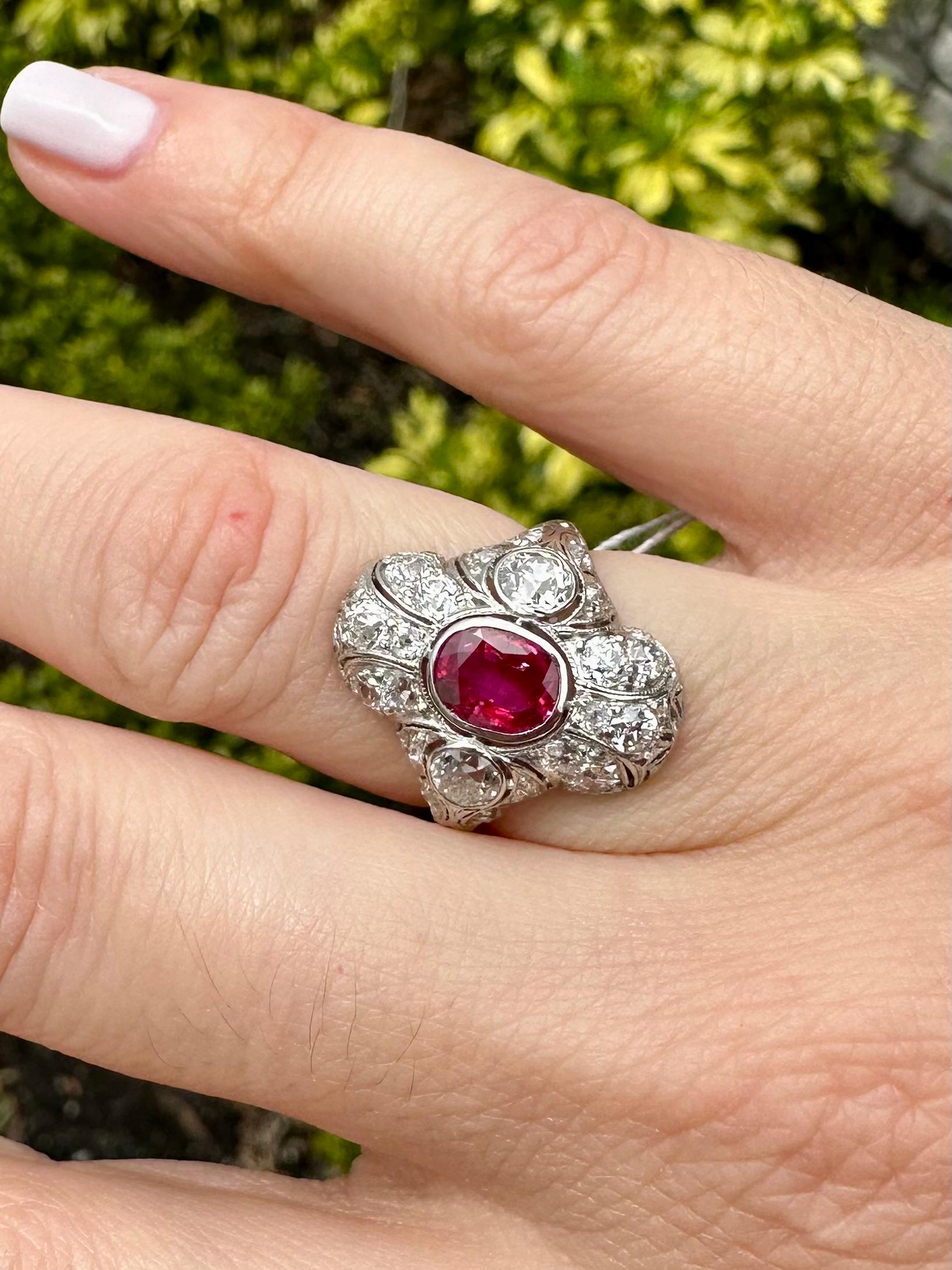 Antique Art Deco BURMA NO HEAT Ruby Old Mine Cut Diamond Ring GIA Sz 5.25 13
