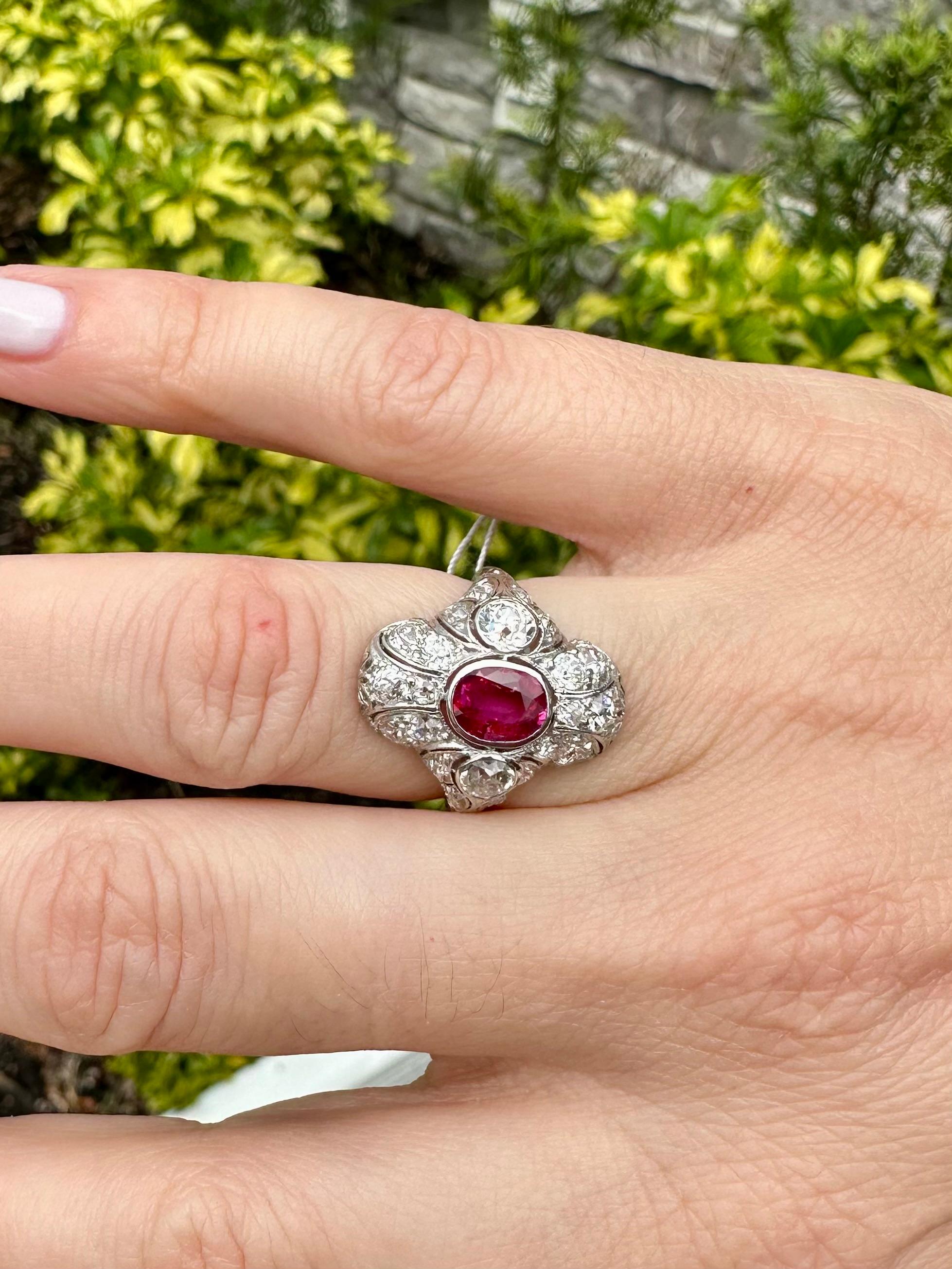 Antique Art Deco BURMA NO HEAT Ruby Old Mine Cut Diamond Ring GIA Sz 5.25 14