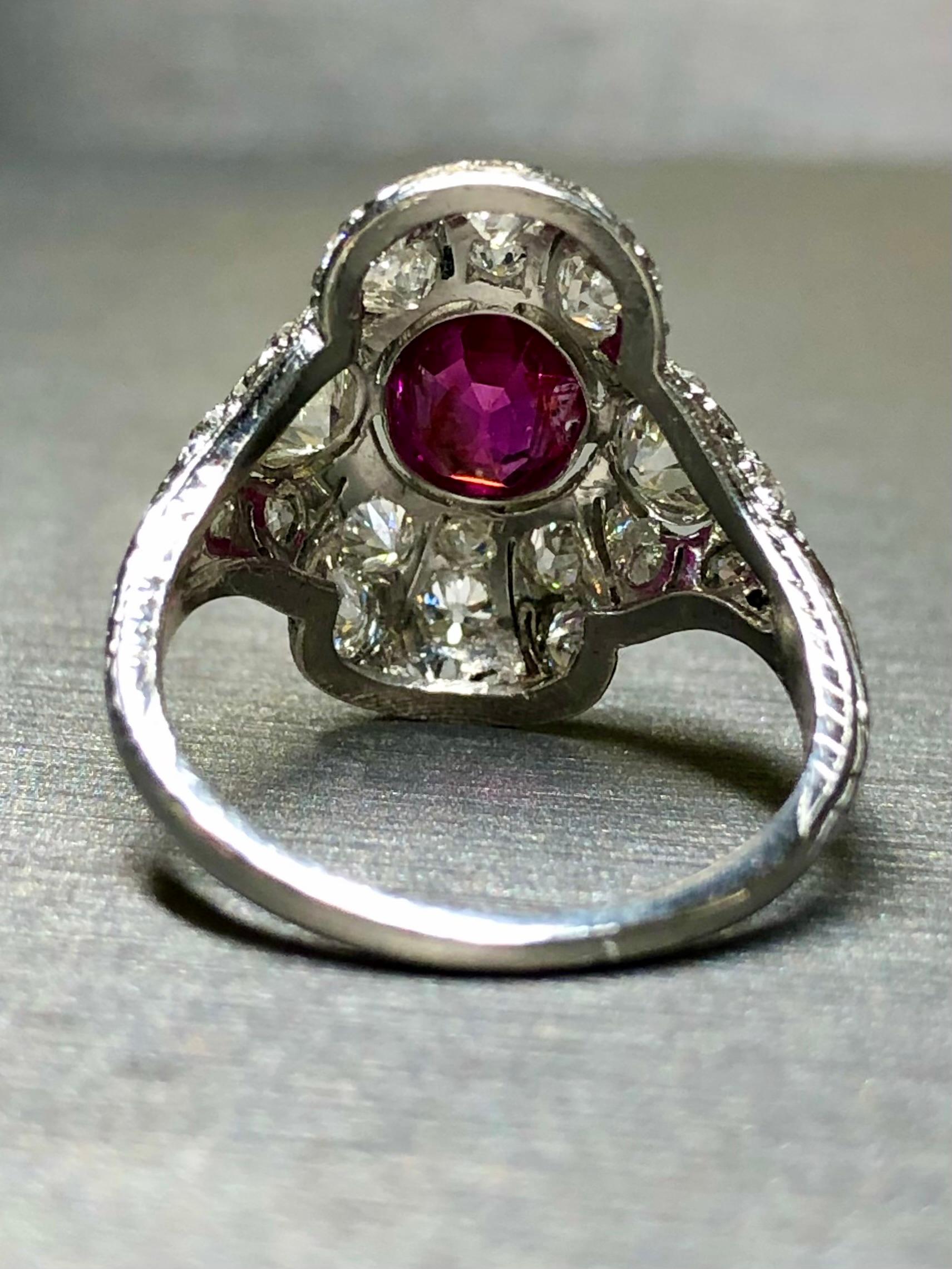 Women's or Men's Antique Art Deco BURMA NO HEAT Ruby Old Mine Cut Diamond Ring GIA Sz 5.25