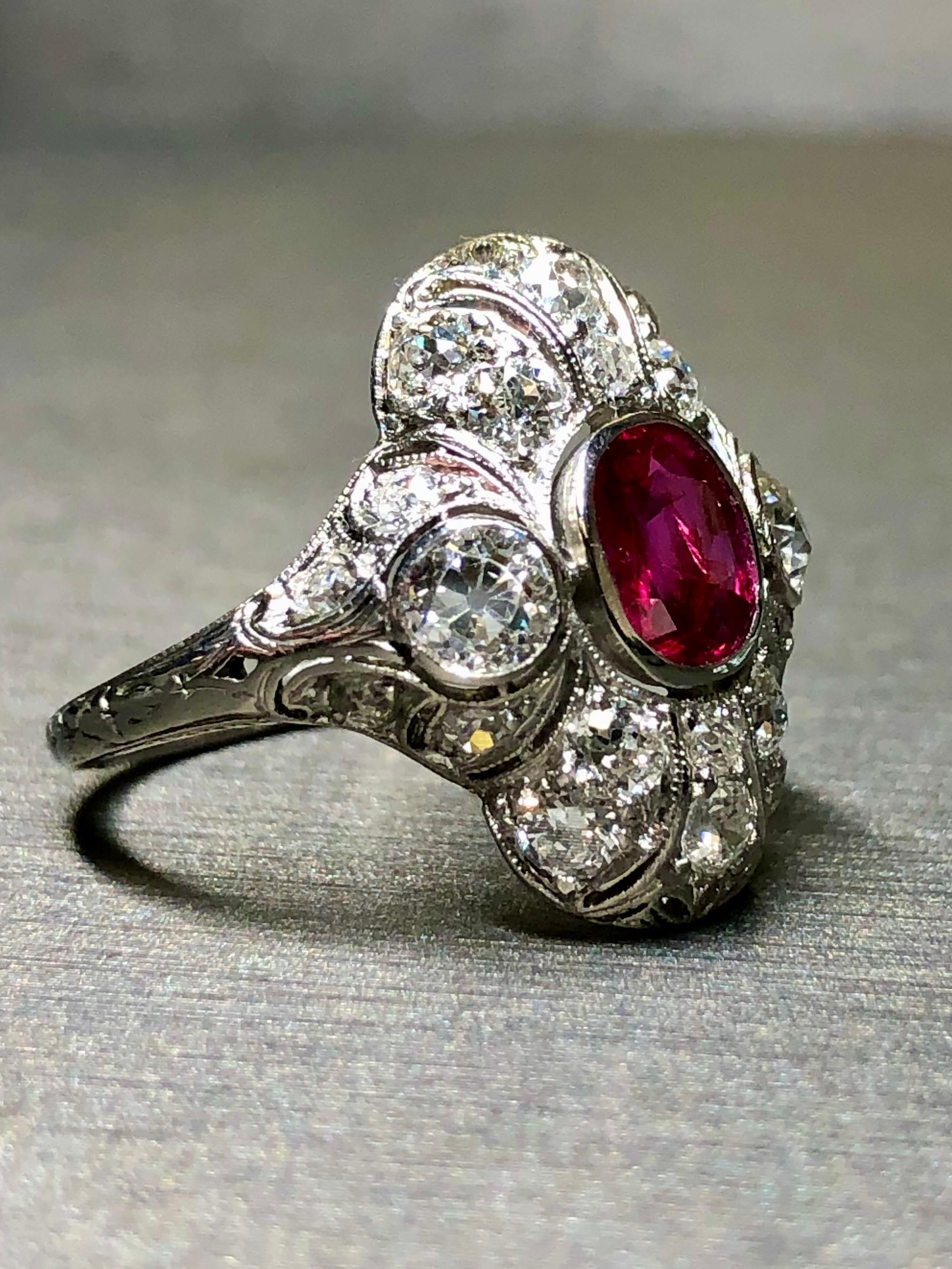 Antique Art Deco BURMA NO HEAT Ruby Old Mine Cut Diamond Ring GIA Sz 5.25 2