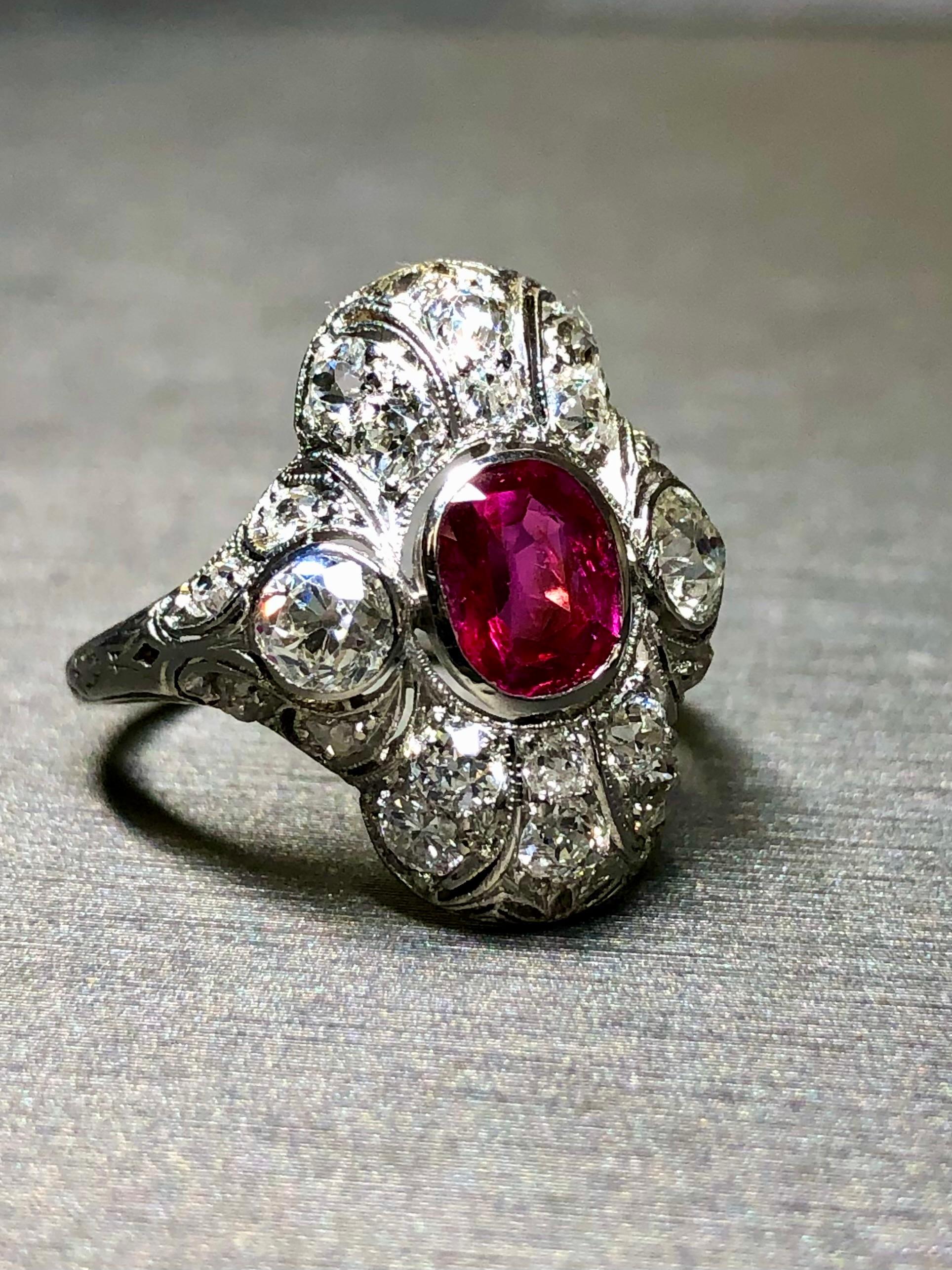 Antique Art Deco BURMA NO HEAT Ruby Old Mine Cut Diamond Ring GIA Sz 5.25 3