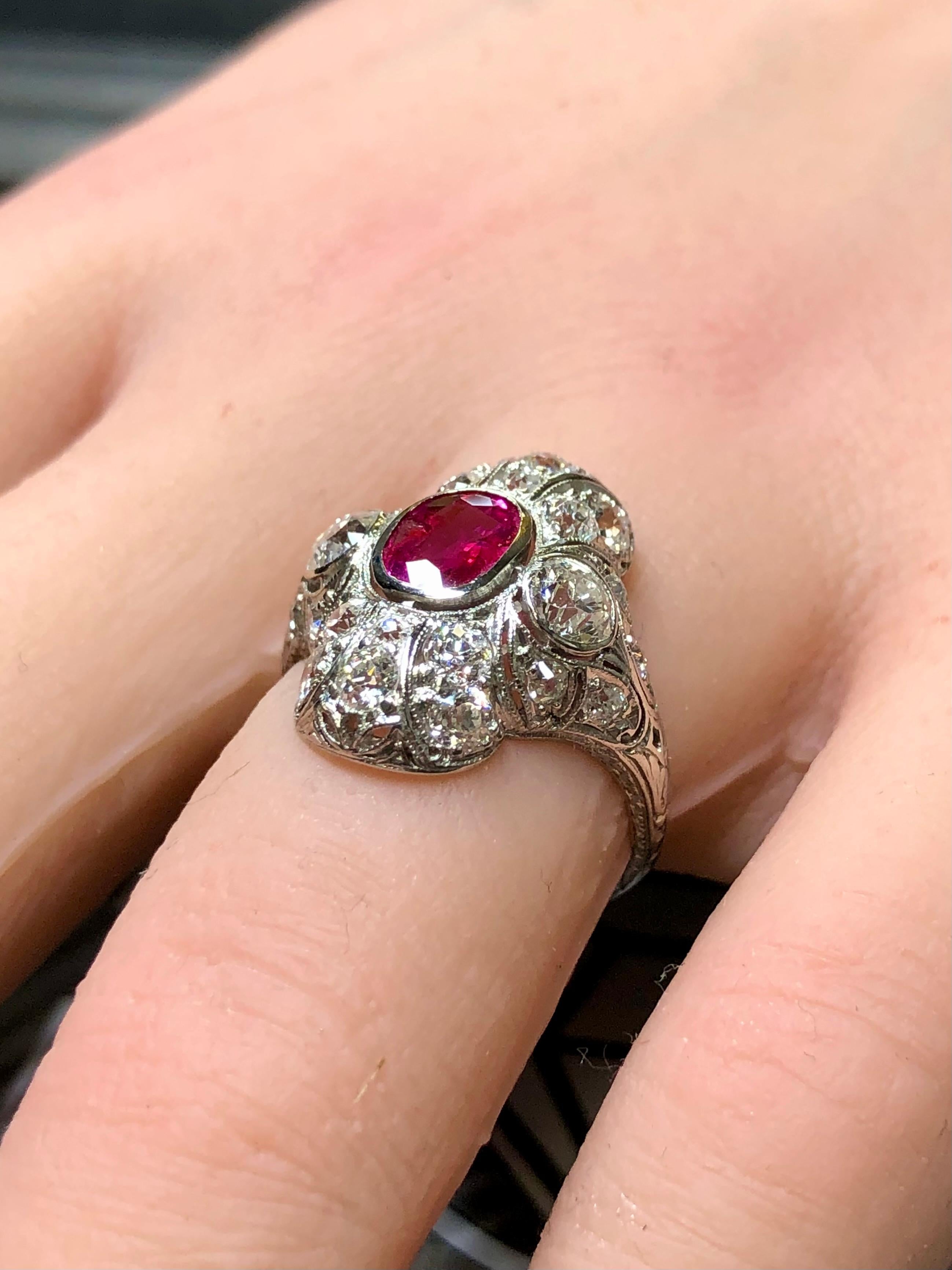 Antique Art Deco BURMA NO HEAT Ruby Old Mine Cut Diamond Ring GIA Sz 5.25 4