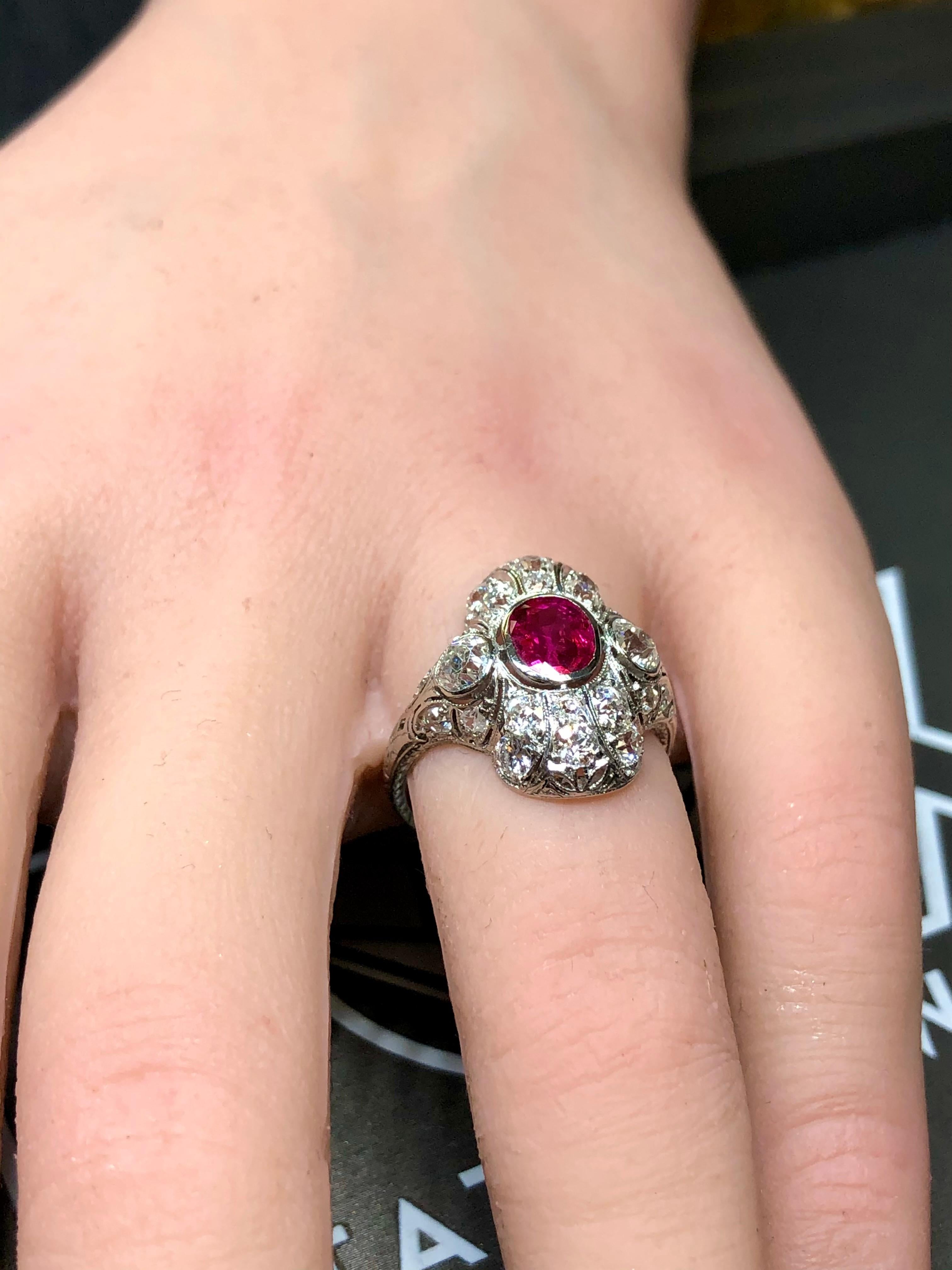 Antique Art Deco BURMA NO HEAT Ruby Old Mine Cut Diamond Ring GIA Sz 5.25 5