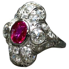 Antique Art Deco BURMA NO HEAT Ruby Old Mine Cut Diamond Ring GIA Sz 5.25