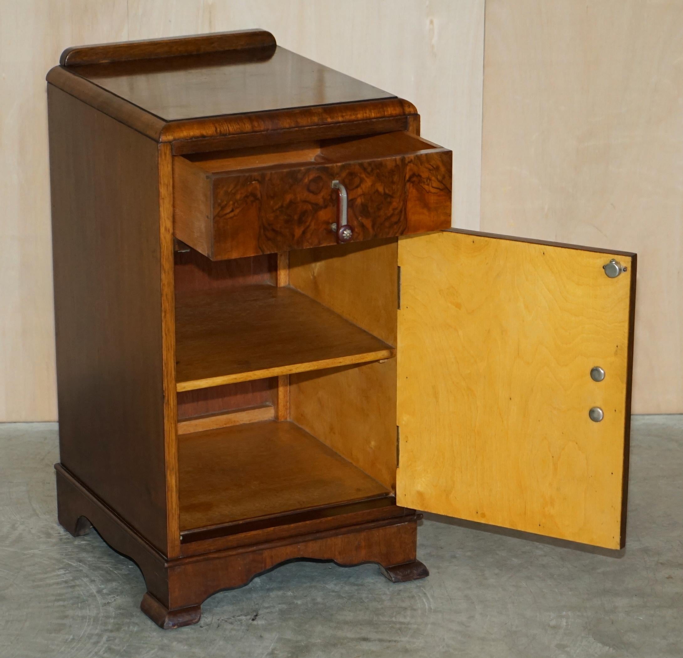 Antique Art Deco Burr Walnut Bedside Table with Single Drawer Part of Suite 6