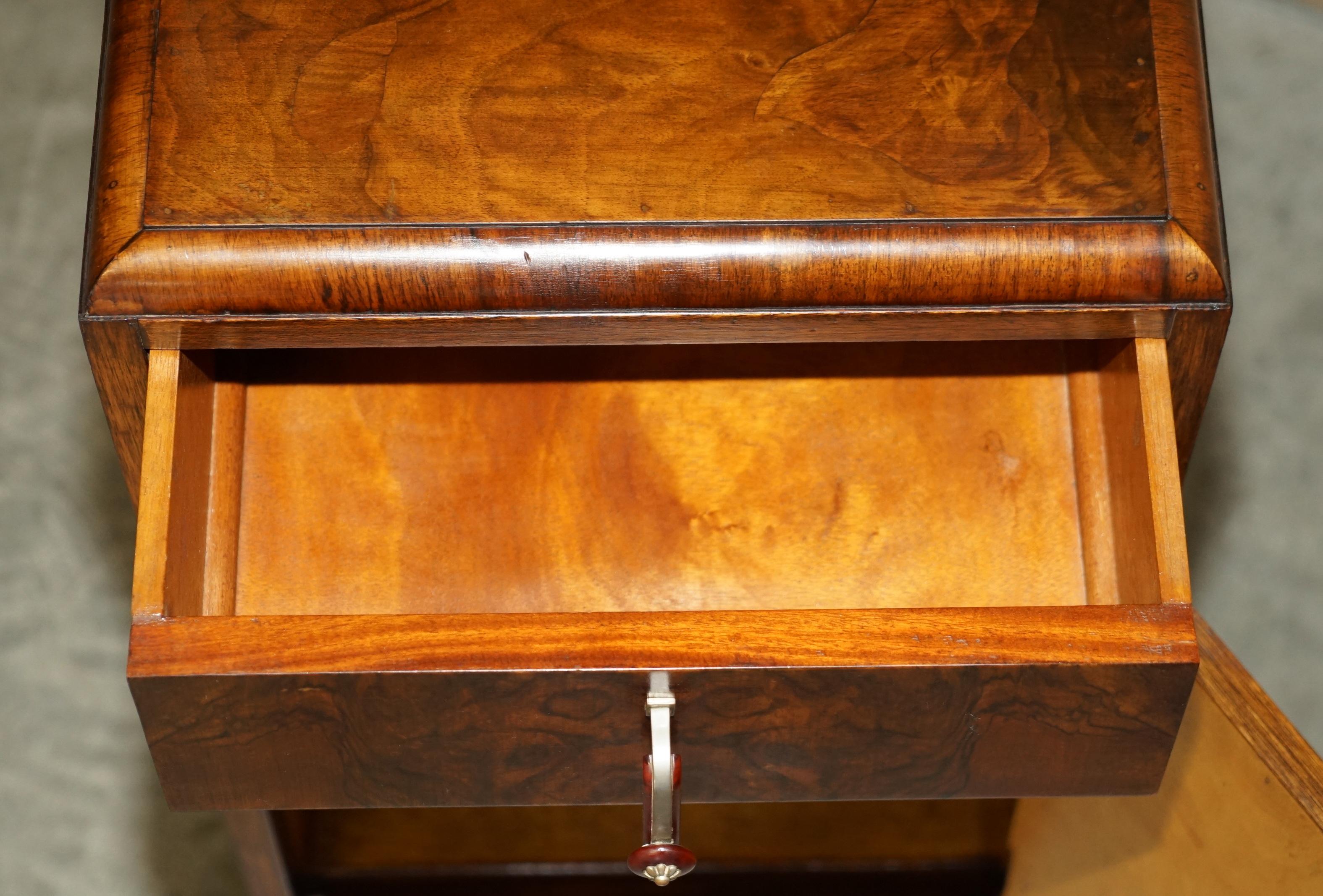 Antique Art Deco Burr Walnut Bedside Table with Single Drawer Part of Suite 7