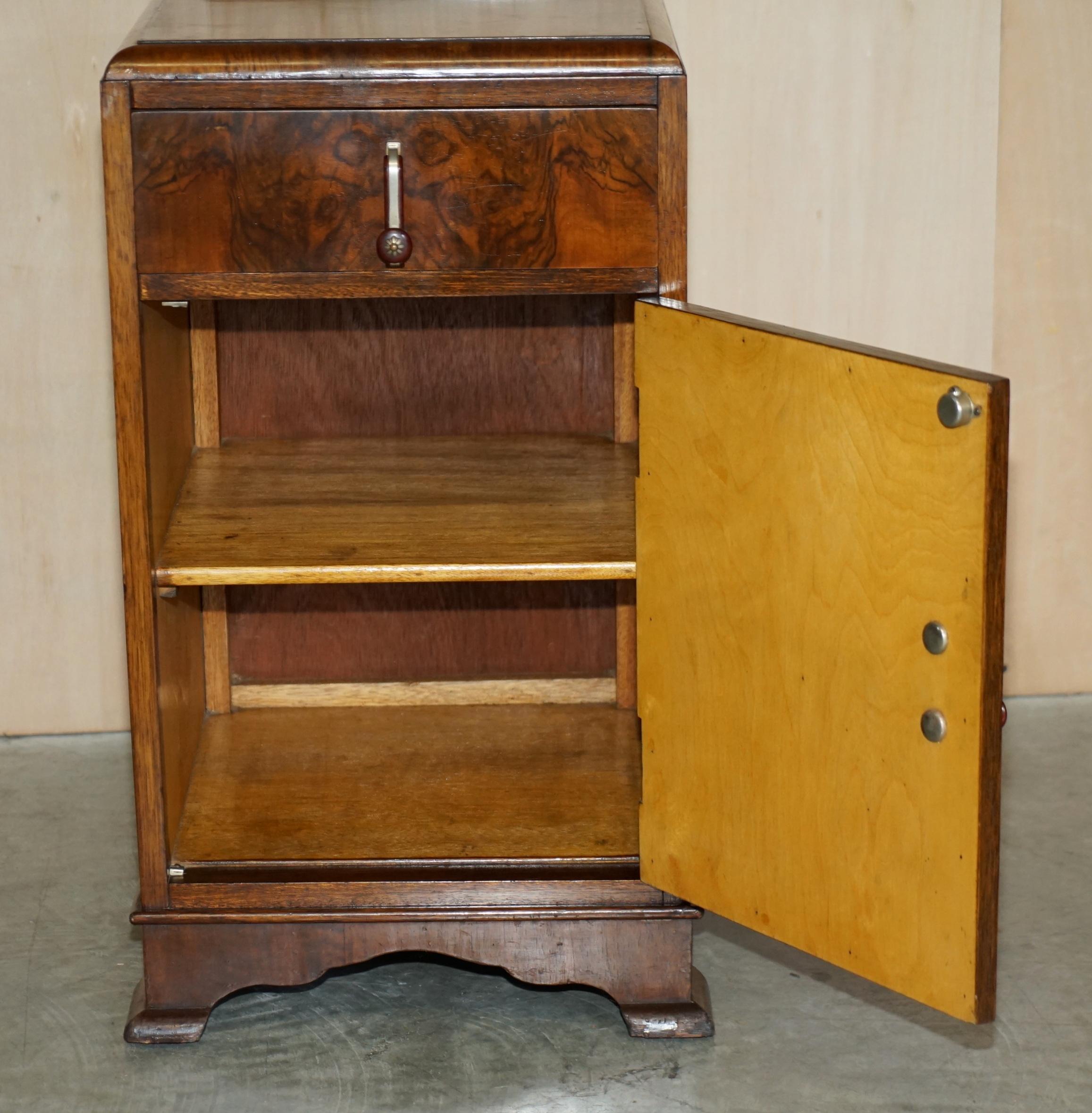 Antique Art Deco Burr Walnut Bedside Table with Single Drawer Part of Suite 7