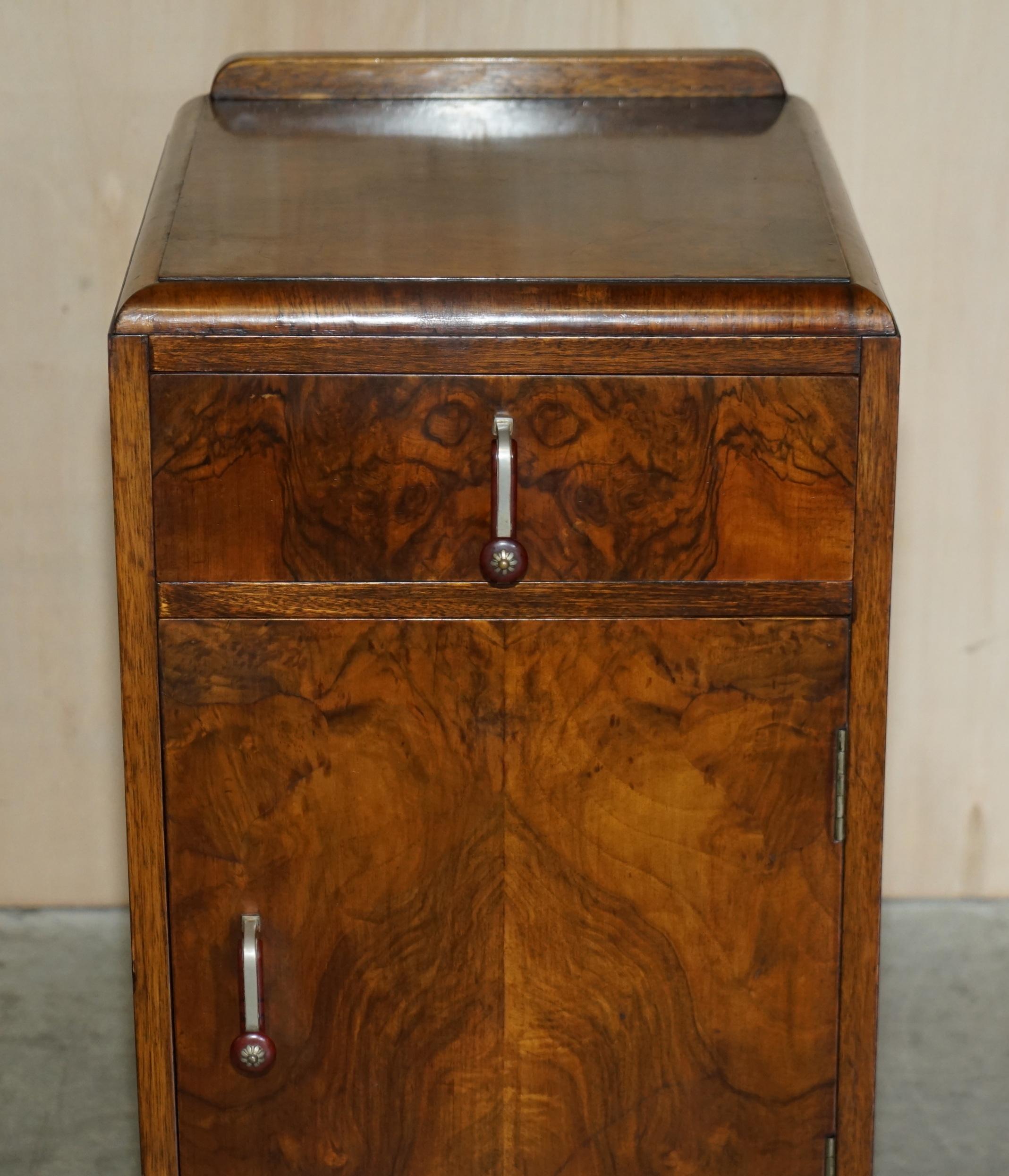 English Antique Art Deco Burr Walnut Bedside Table with Single Drawer Part of Suite