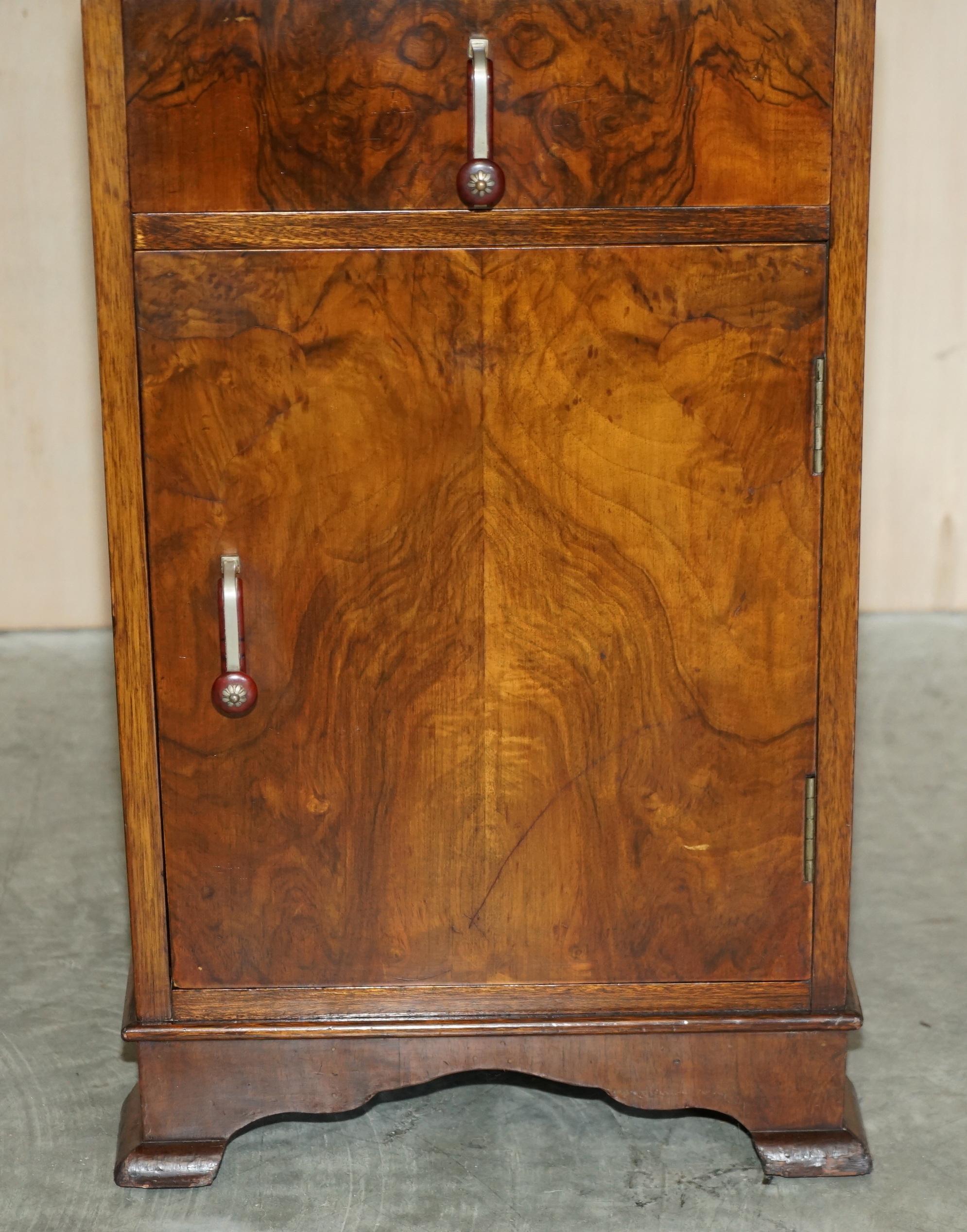 Hand-Crafted Antique Art Deco Burr Walnut Bedside Table with Single Drawer Part of Suite