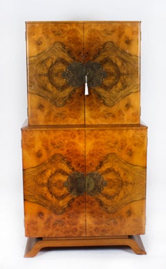 Antique Art Deco Burr Walnut Cocktail Cabinet Dry Bar 1920s