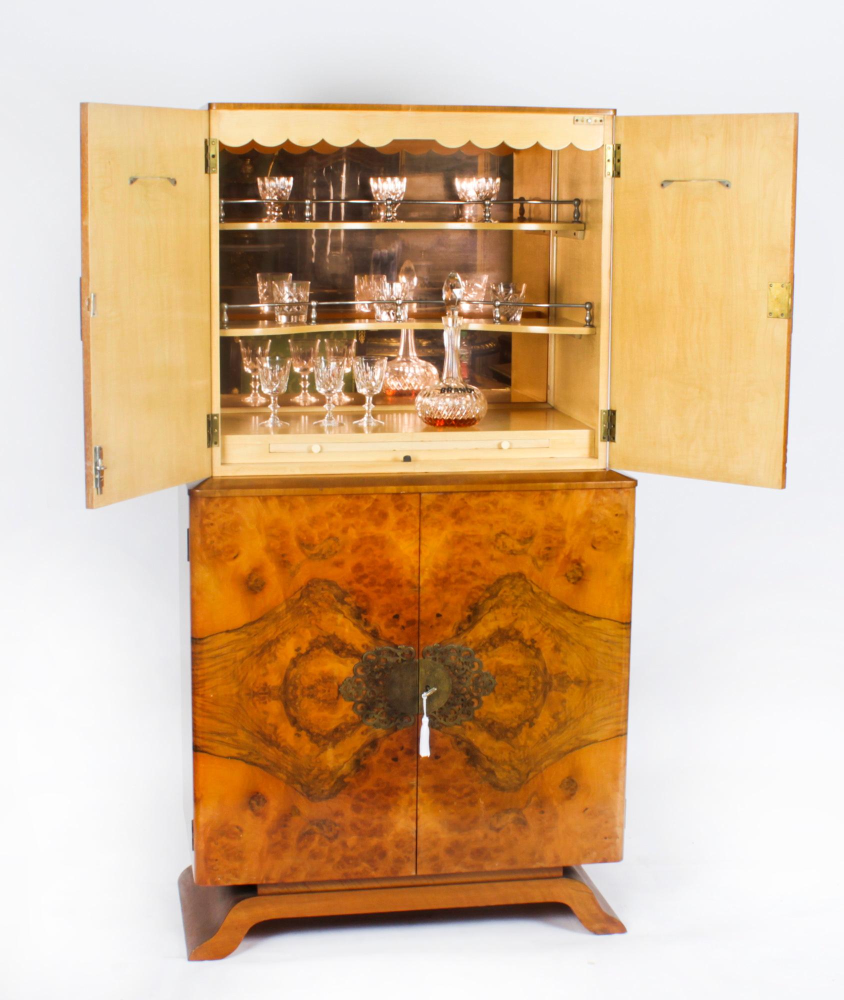 Antique Art Deco Burr Walnut Cocktail Cabinet Dry Bar 1920s In Good Condition In London, GB