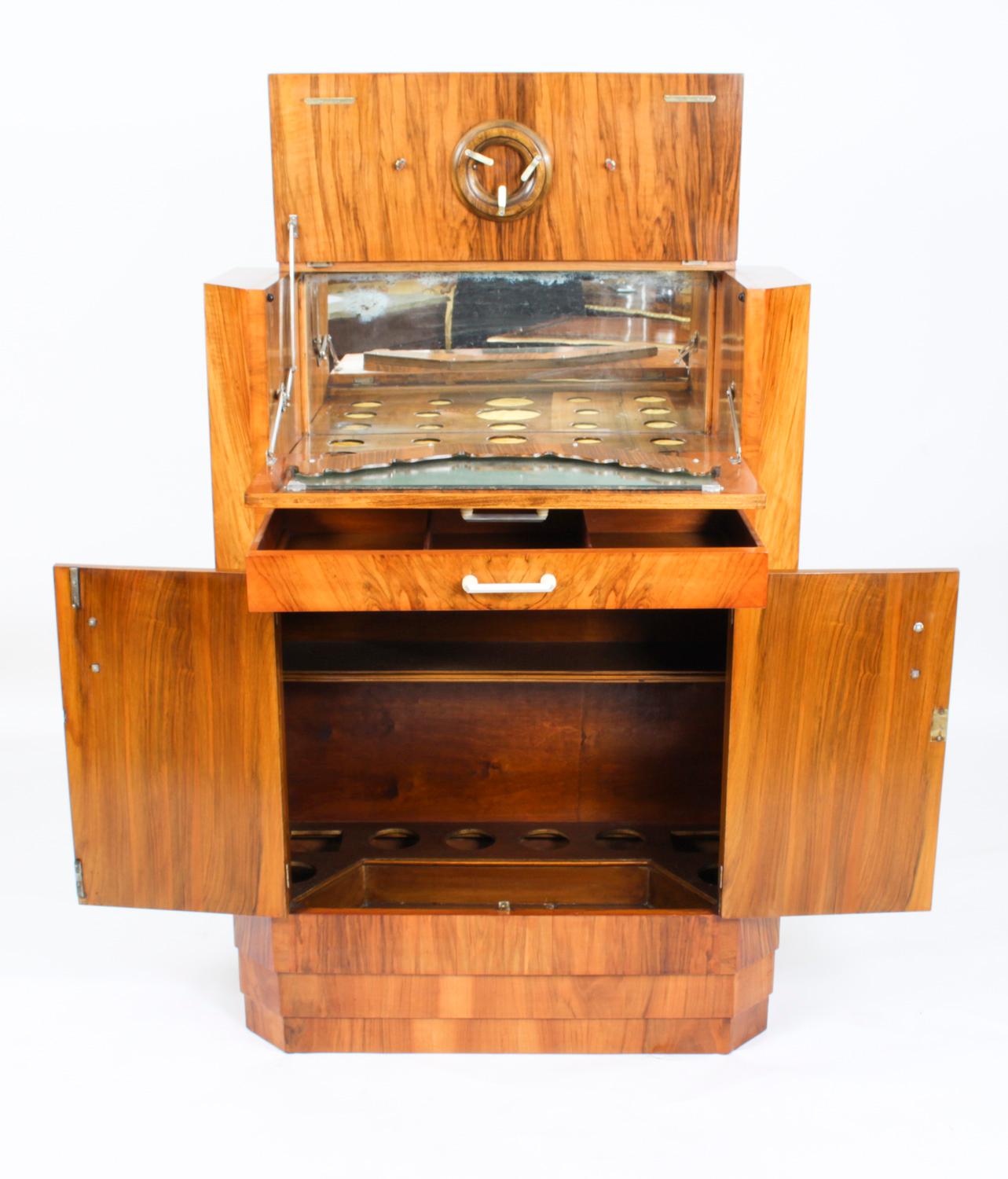 Antique Art Deco Burr Walnut Cocktail Cabinet Dry Bar, 1920s 3