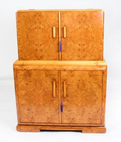 Antique Art Deco Burr Walnut Cocktail Cabinet Dry Bar & Crystal Glasses 1920s