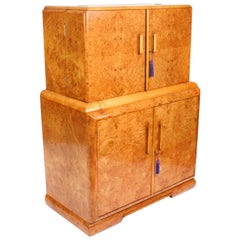 Antique Art Deco Burr Walnut Cocktail Cabinet Dry Bar & Crystal Glasses 1920s