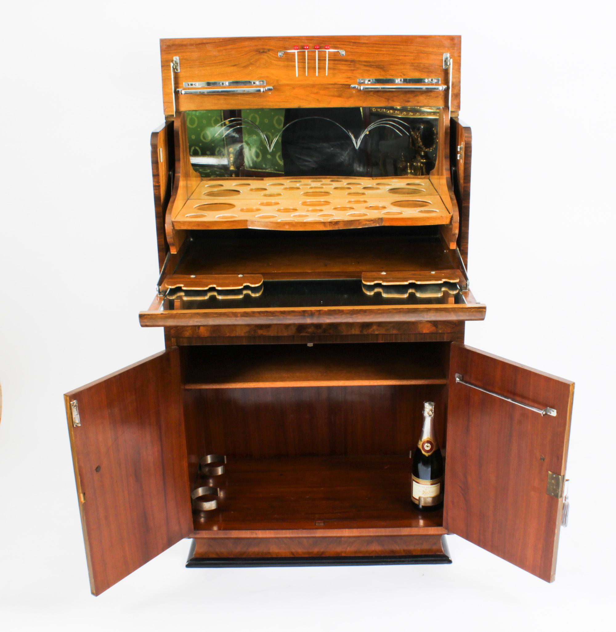 Antique Art Deco Burr Walnut Cocktail Cabinet Dry Bar & Glassware, 1920s 5